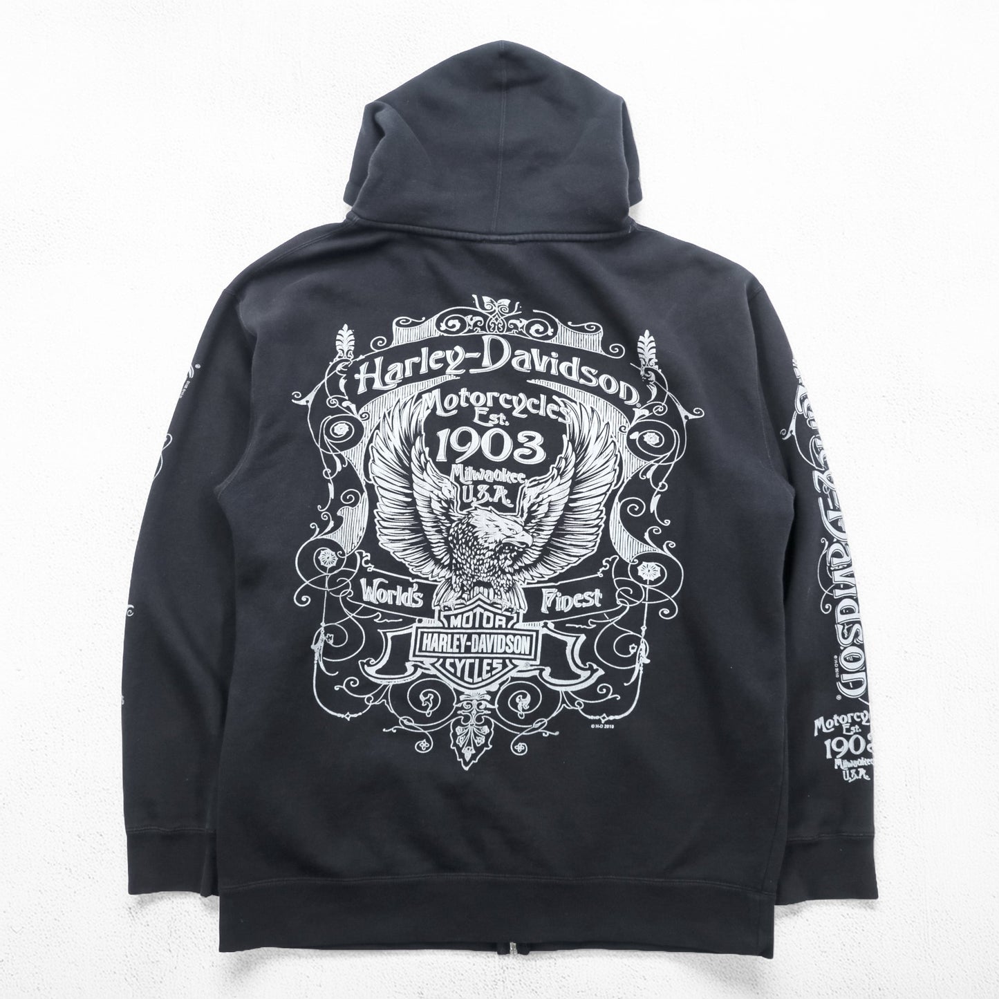 HARLEY DAVIDSON ジップパーカー L ブラック スリーブ プリント バックロゴ Bravado製 EMERALD CITY