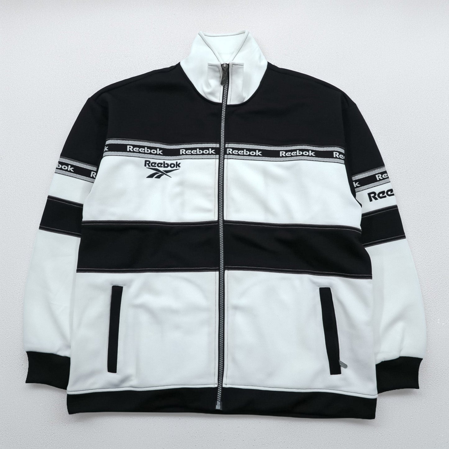 Reebok 90年代 トラックジャケット ジャージ M ホワイト ブラック ドローコード スタンドカラー フルジップ