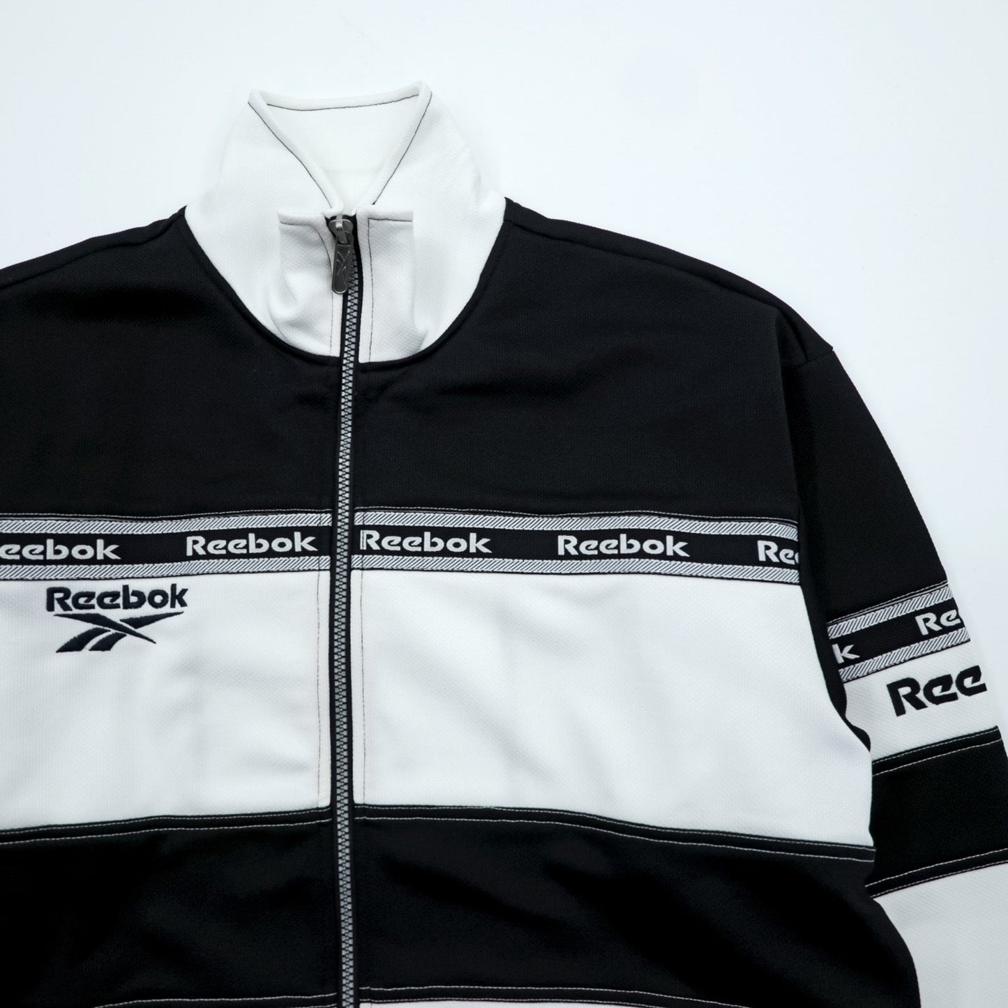 Reebok 90年代 トラックジャケット ジャージ M ホワイト ブラック ドローコード スタンドカラー フルジップ