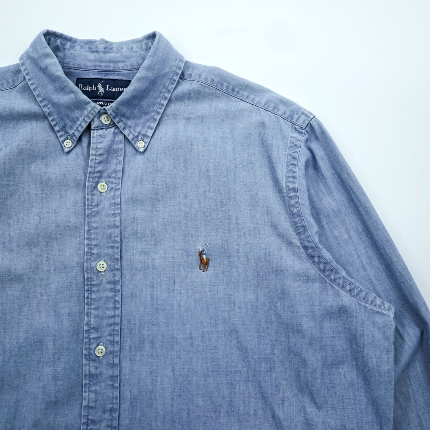 Ralph Lauren 90年代 シャンブレー ボタンダウンシャツ L ブルー CLASSIC FIT スモールポニー 刺繍 ロゴ