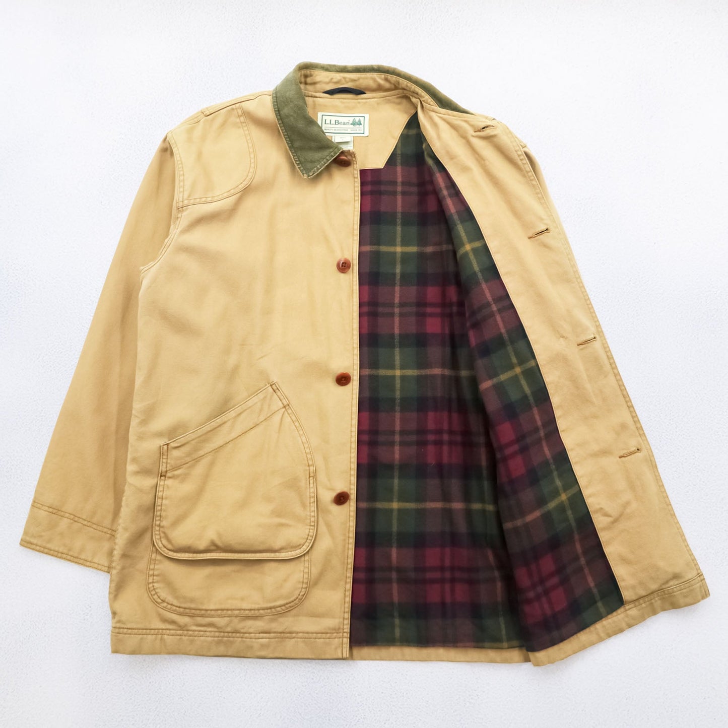 L.L.Bean 90年代 ダック フィールドコート ハンティングジャケット L ベージュ 襟コーデュロイ 裏地チェック JV69