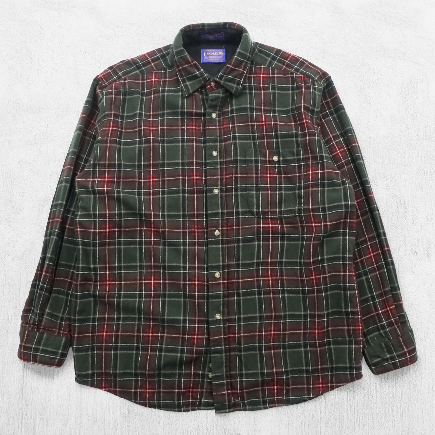 PENDLETON フランネルシャツ 長袖 ウールシャツ L チェック グリーン エルボーパッチ 胸ポケット VIRGIN WOOL