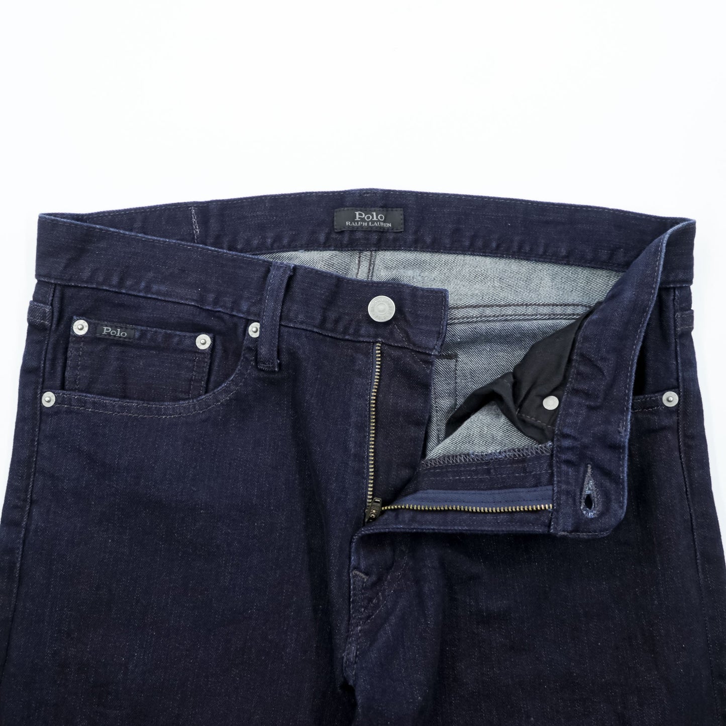 Polo Ralph Lauren デニムパンツ ジーンズ M ストレッチ インディゴ ネイビー 濃紺 スリム ストレート レザーパッチ THE VARICK SLIM STRAIGHT