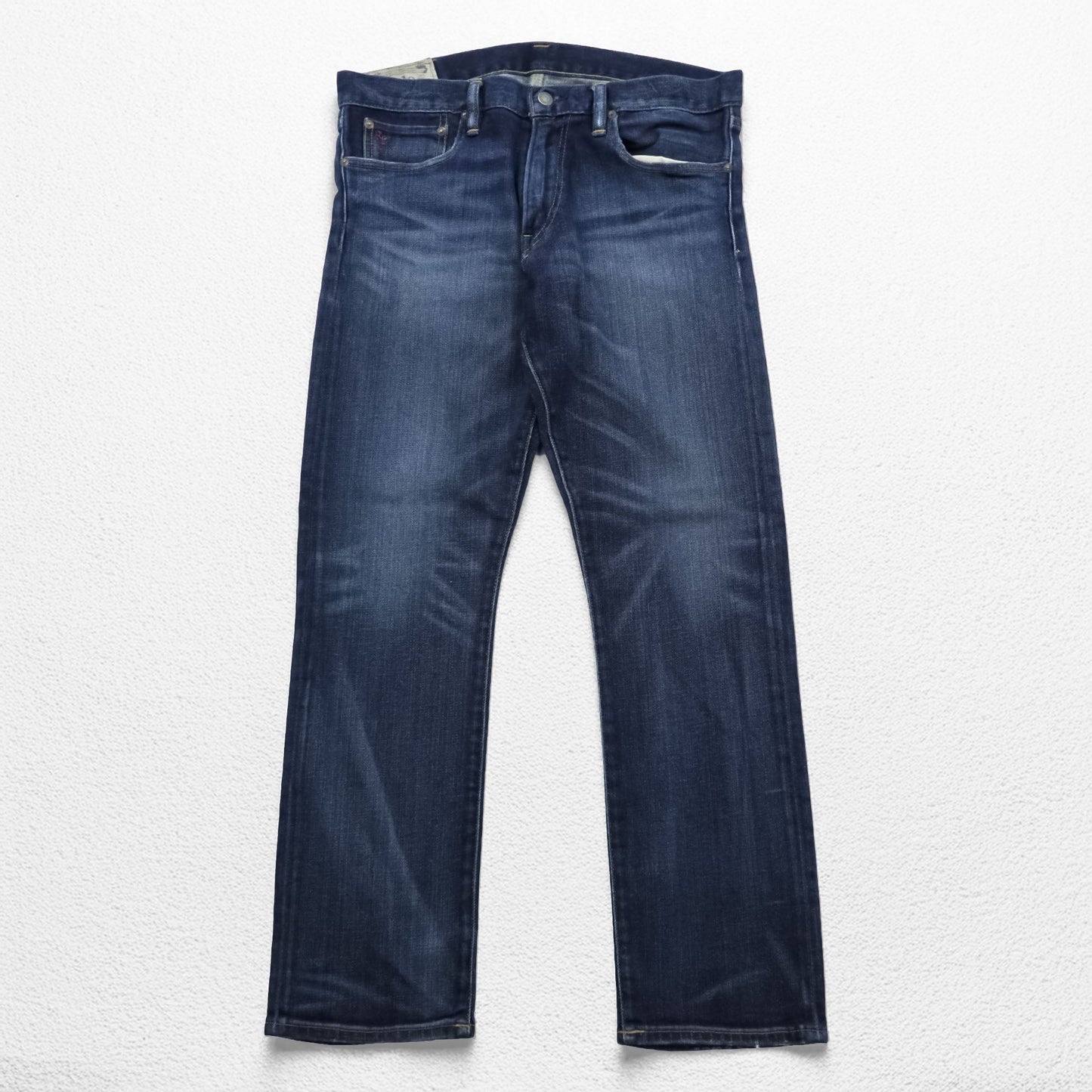 Polo Ralph Lauren ヴィンテージ加工 ストレート デニムパンツ ジーンズ L ストレッチ インディゴブルー レザーパッチ VARICK SLIM STRAIGHT