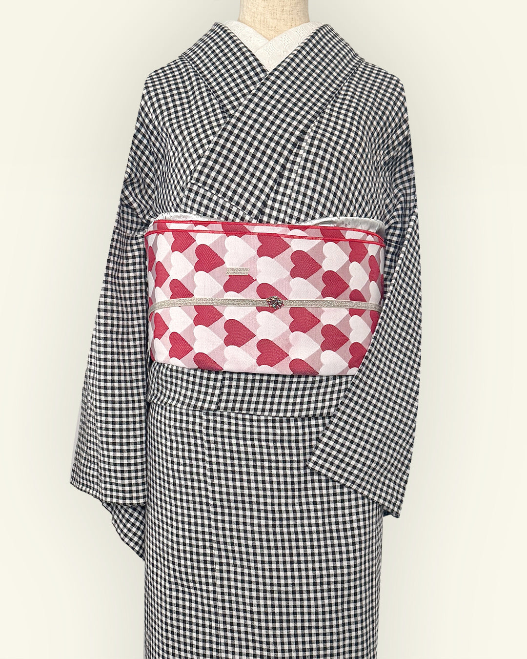 Heko Obi (Heko Obi) for Adults, Heart, Regimental, and Scale Pattern, Cute, Red, and Pink