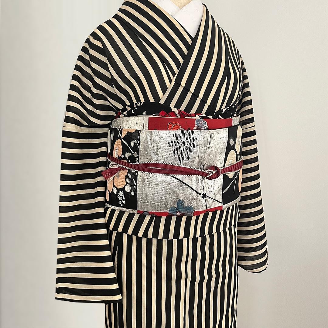 Retro-modern Chirimen Obiage (Sash) with a deep scarlet Yumeji rose on a sandy background.