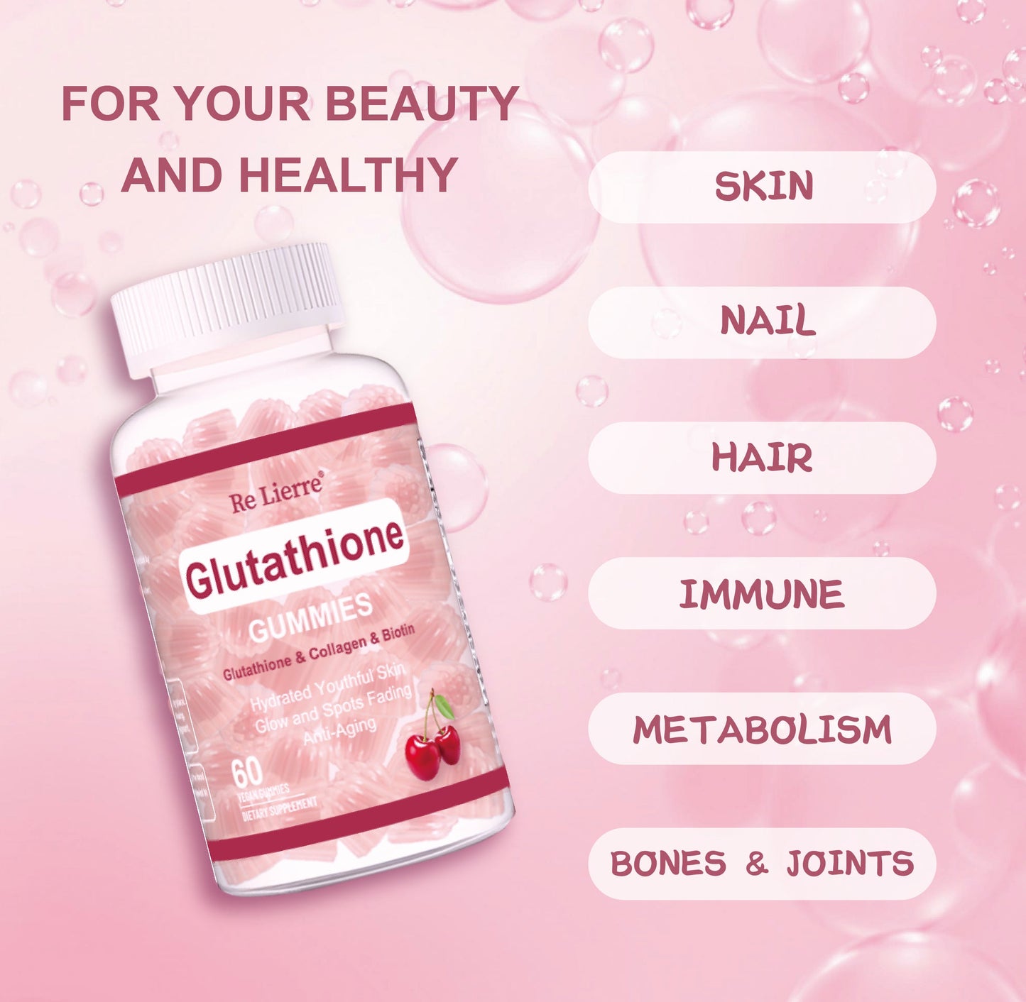 Glutathione Collagen Gummies - Cherry Flavor | Dual-Action Skin Radiance & Elasticity Support