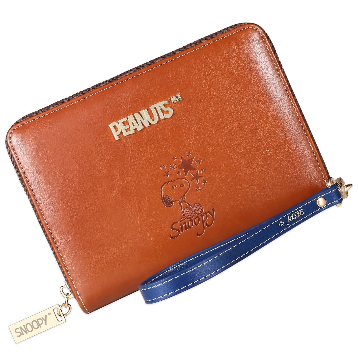 [スヌーピー/SNOOPY]ストラップ付 印鑑も入る ジャバラ式 高級PUレザー通帳ケース(ブラウン)