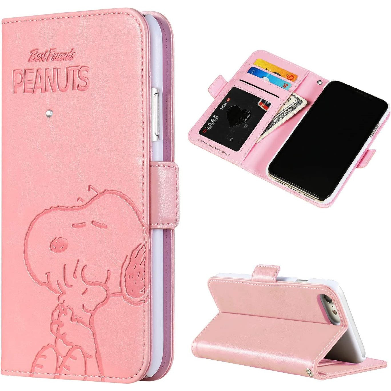 [スヌーピー/SNOOPY]iPhone(アイフォン)用 上質なPUレザー 手帳型ケース(ピンク)