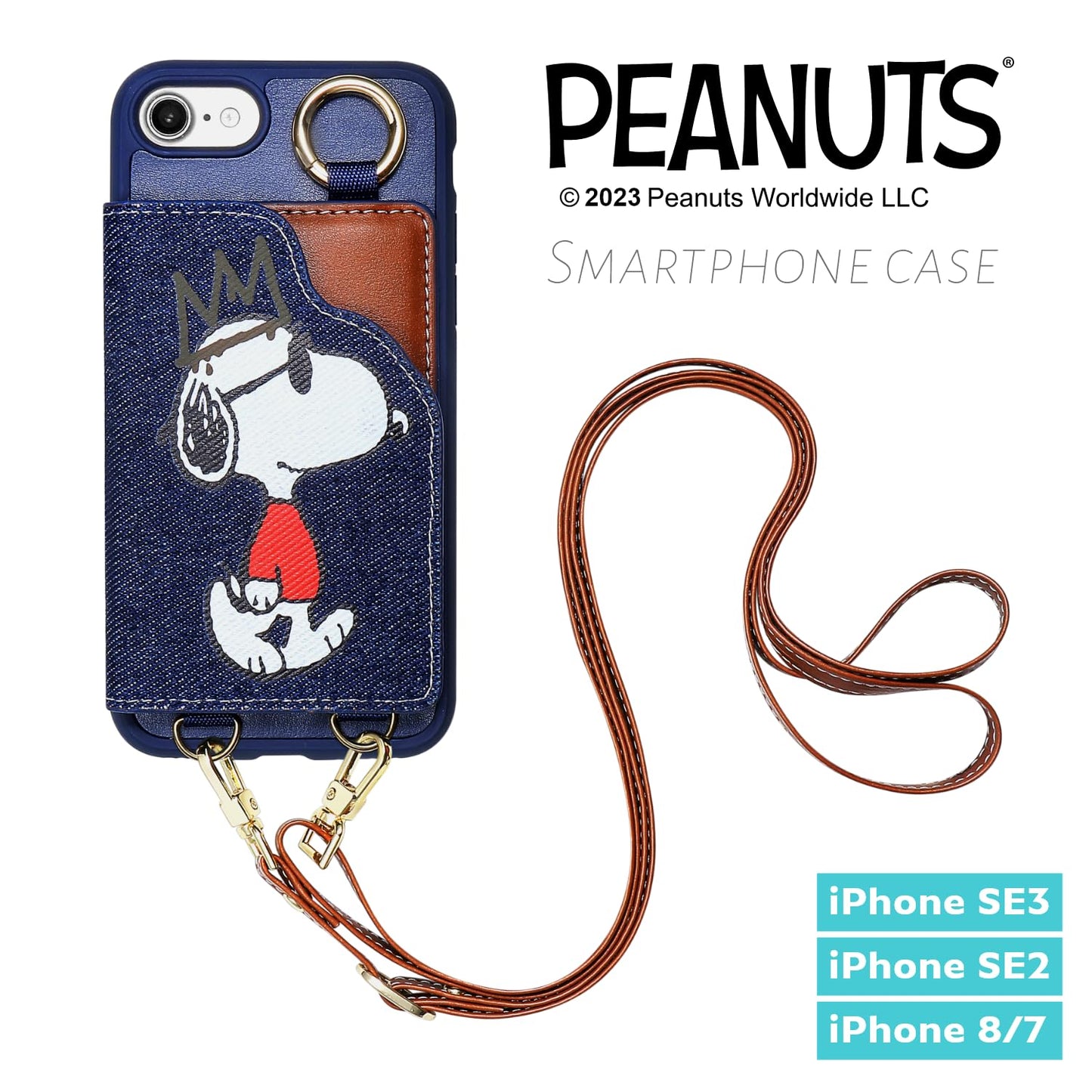 [スヌーピー/SNOOPY]iPhone(アイフォン)用ス トラップ付 上質な本デニム生地スマホケース(ブルー）