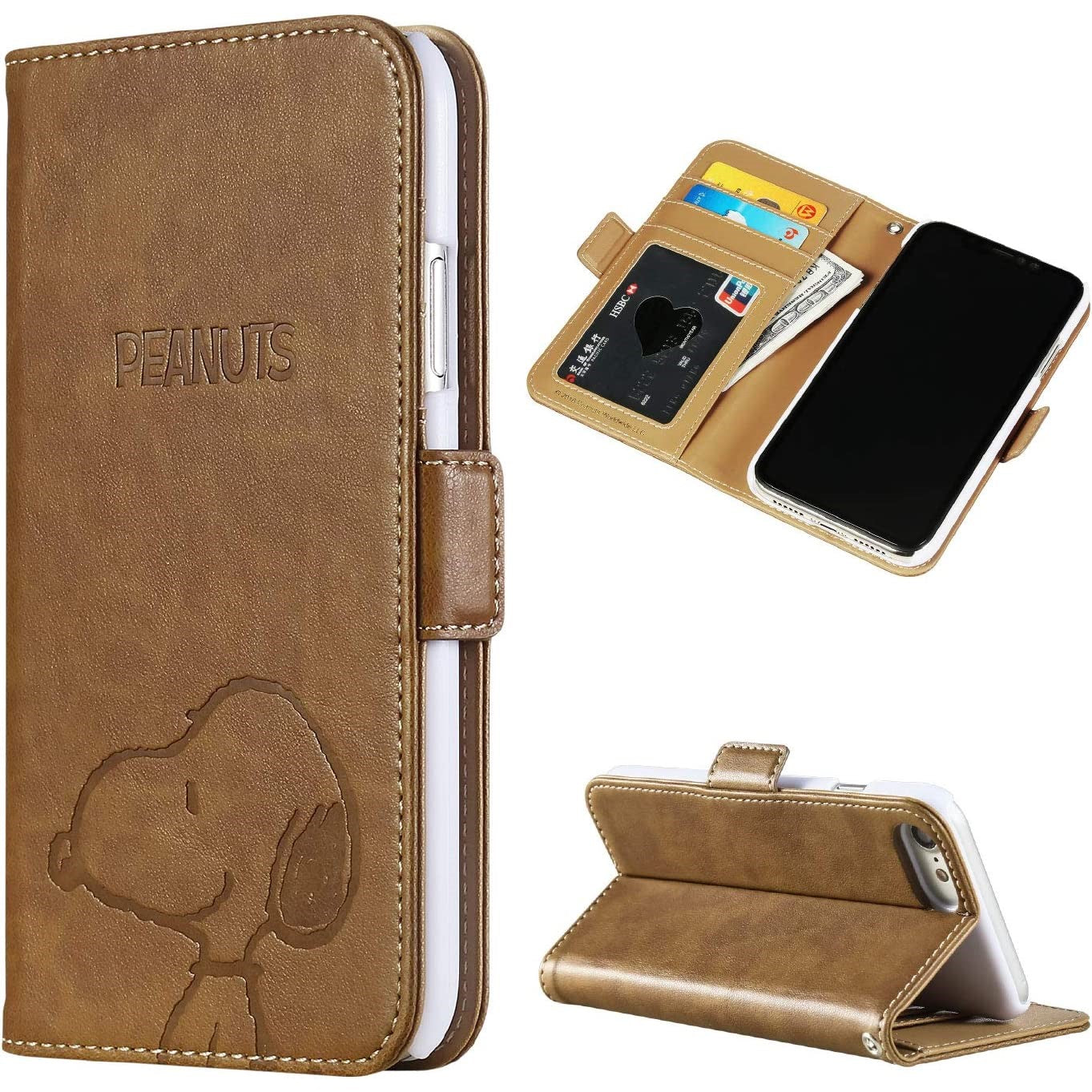 [スヌーピー/SNOOPY]iPhone(アイフォン)用 上質なPUレザー 手帳型ケース(ブラウン)