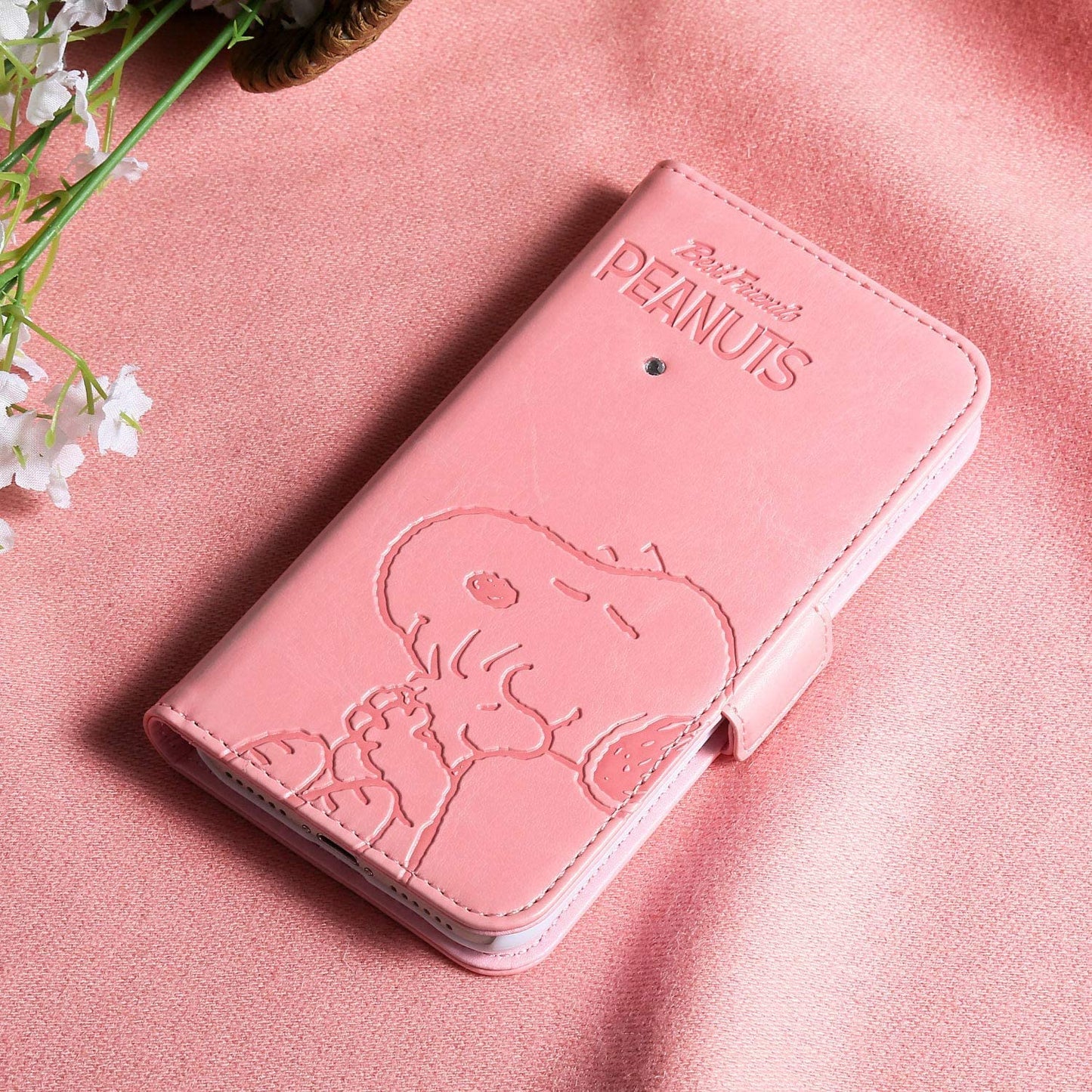 [スヌーピー/SNOOPY]iPhone(アイフォン)用 上質なPUレザー 手帳型ケース(ピンク)