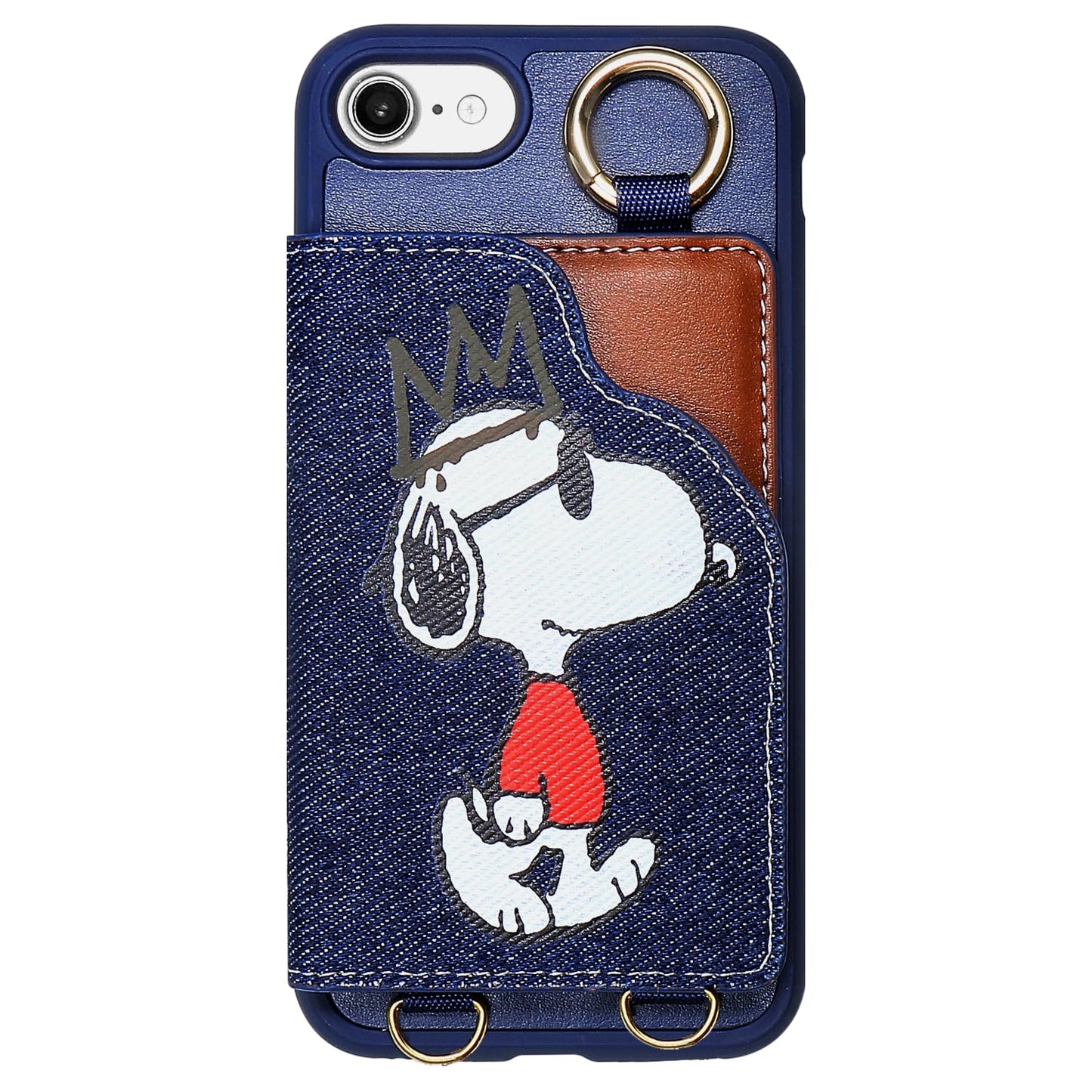 [スヌーピー/SNOOPY]iPhone(アイフォン)用ス トラップ付 上質な本デニム生地スマホケース(ブルー）