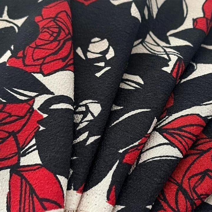 Retro-modern Chirimen Obiage (Sash) with a deep scarlet Yumeji rose on a sandy background.