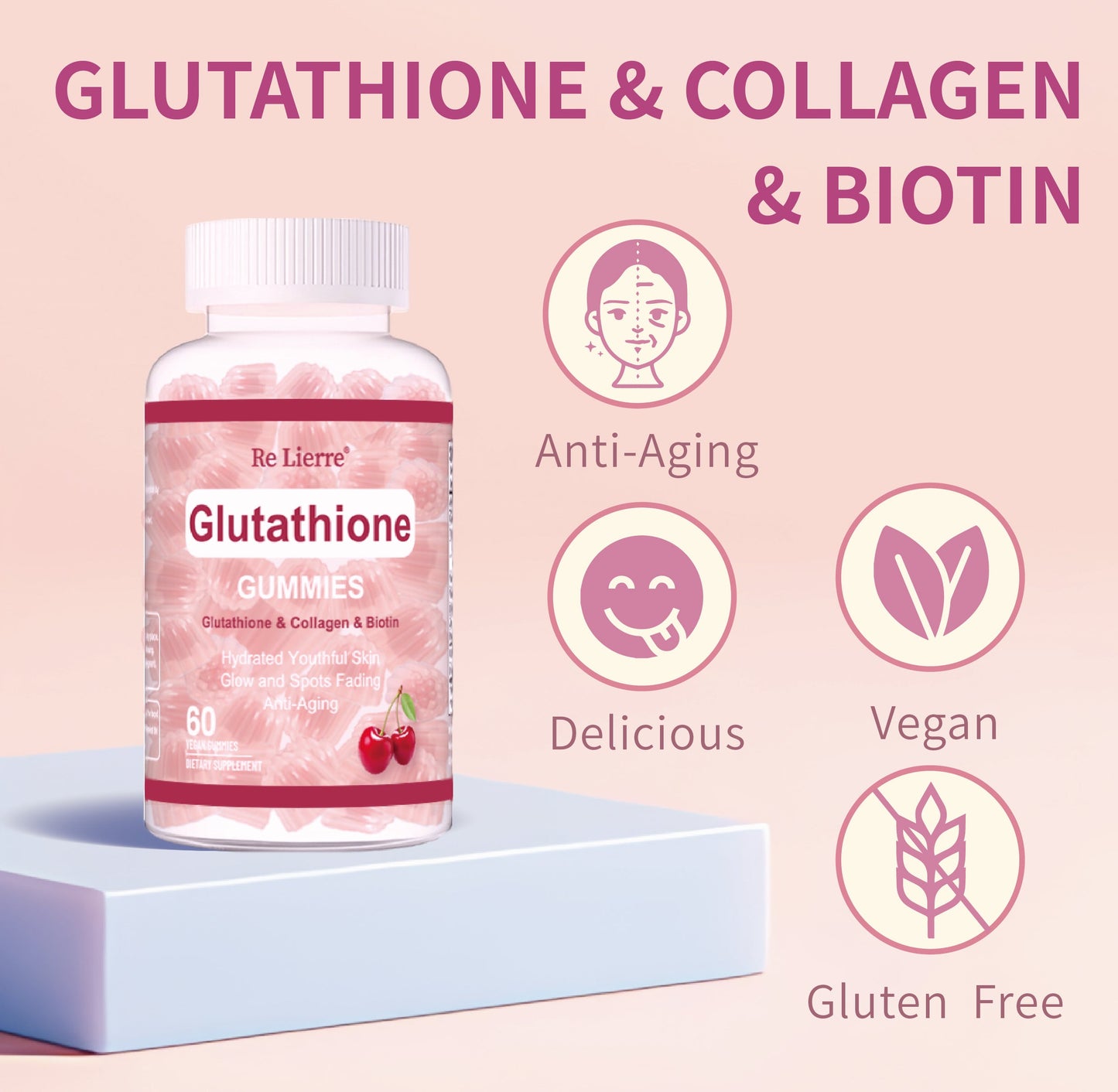 Glutathione Collagen Gummies - Cherry Flavor | Dual-Action Skin Radiance & Elasticity Support
