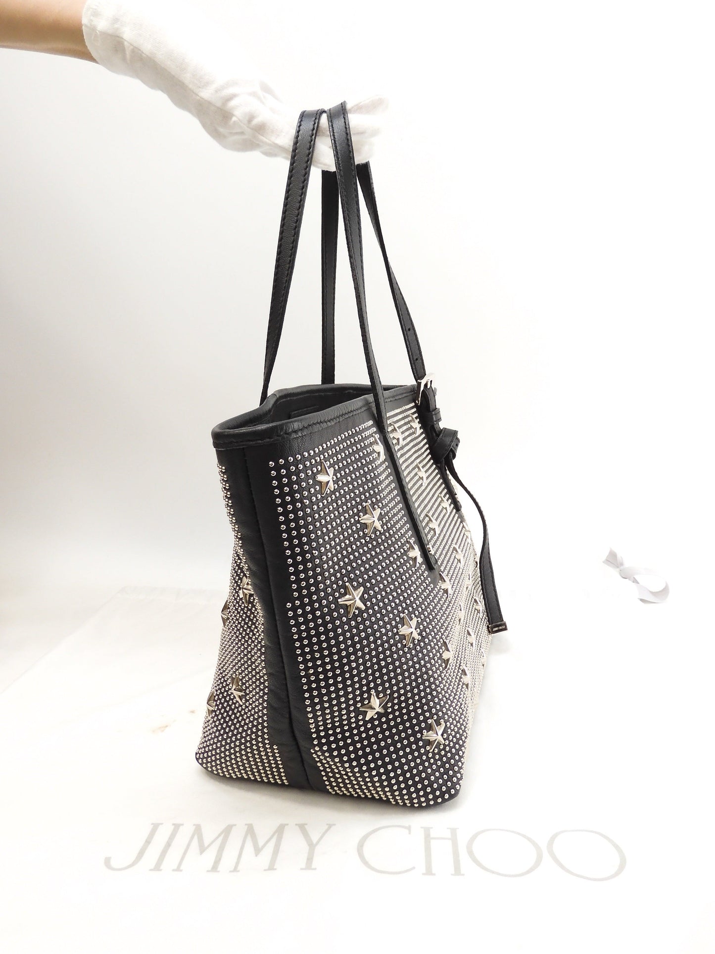 ジミーチュウ サシャS ドット星スタッズ レザー黒 シルバー金具 トートバッグ@ 1