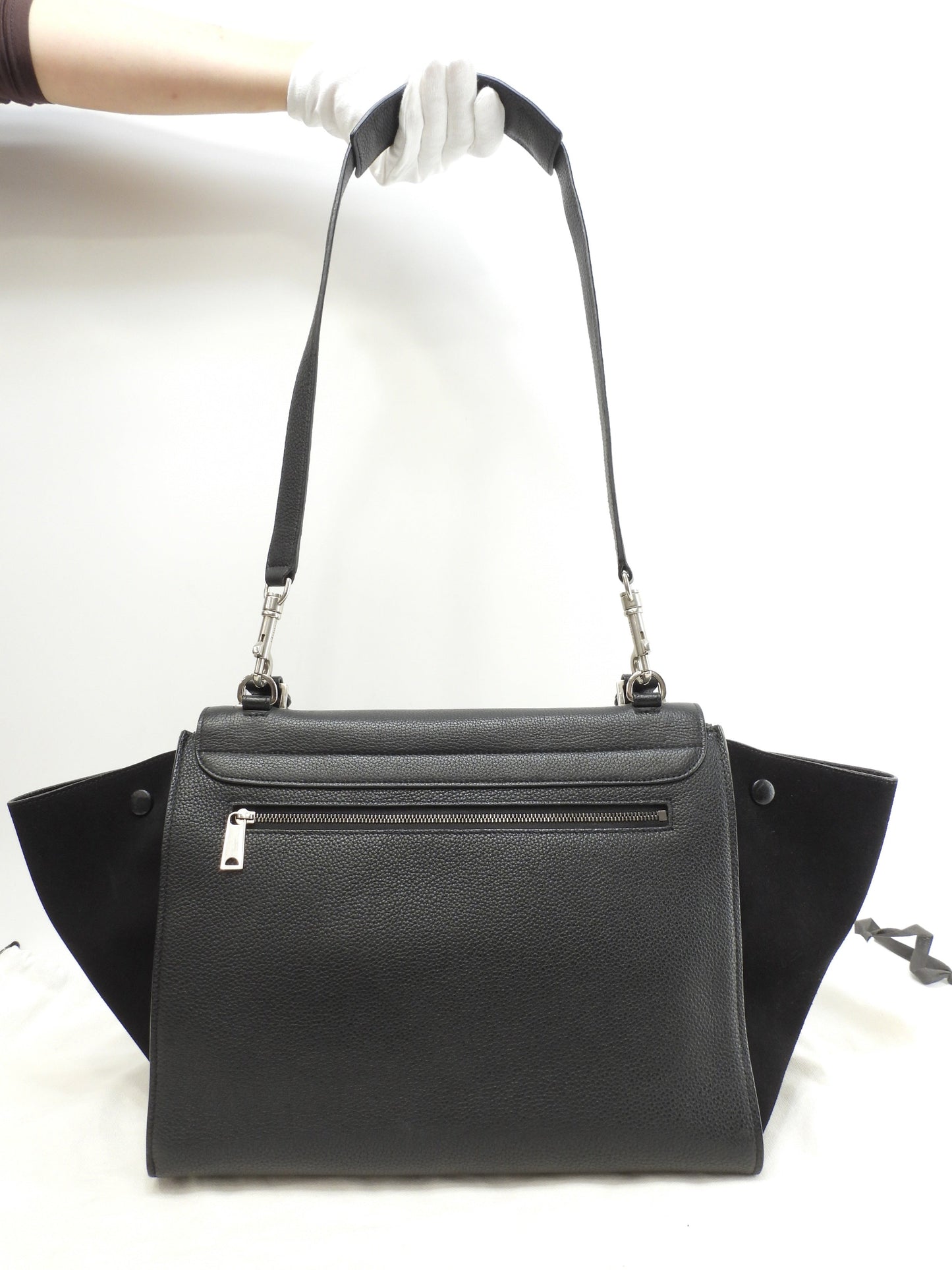 セリーヌ トラペーズ レザー黒 シルバー金具 s付ハンドバッグ 美品@ 59
