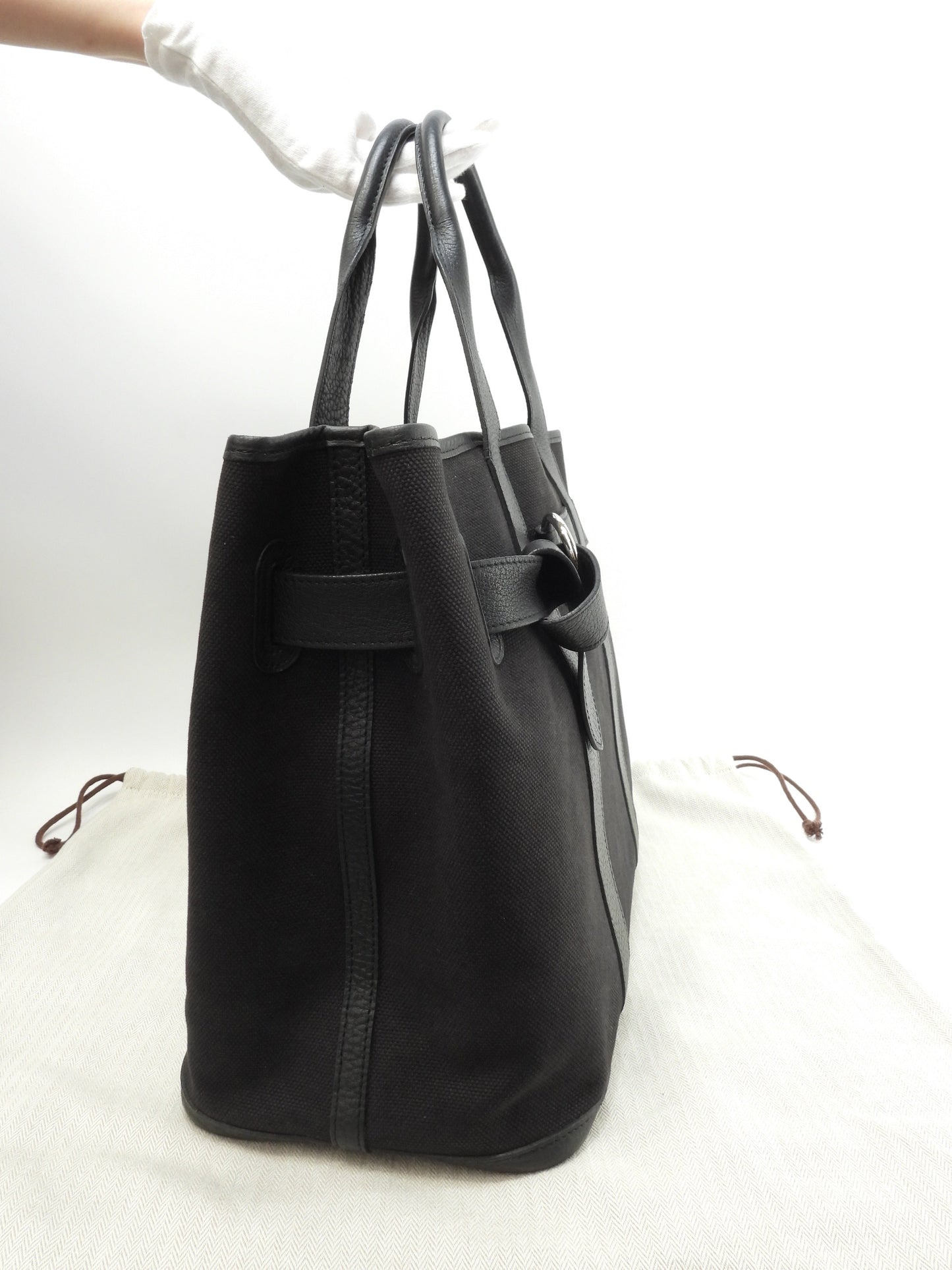 エルメス プティットサンチュールMM コットン/レザー 黒 トートバッグ ハンドバッグ@□J 17