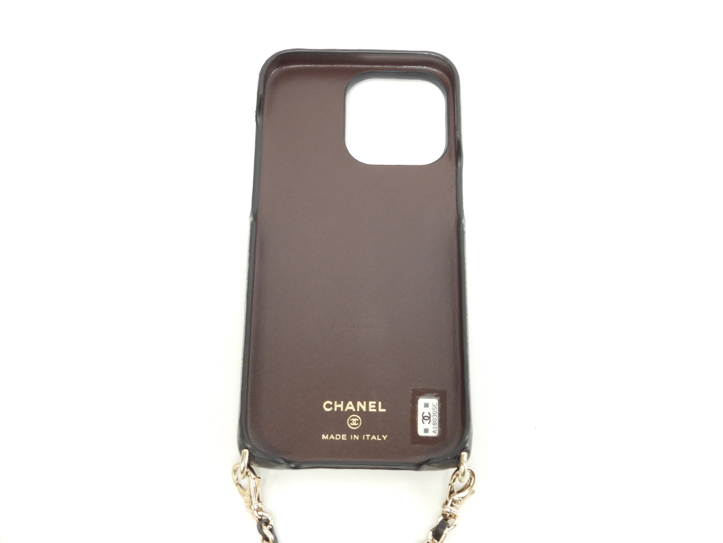 シャネル iphone15proMaxケース キャビア黒 パールストラップ付カバー 美品@A180305C