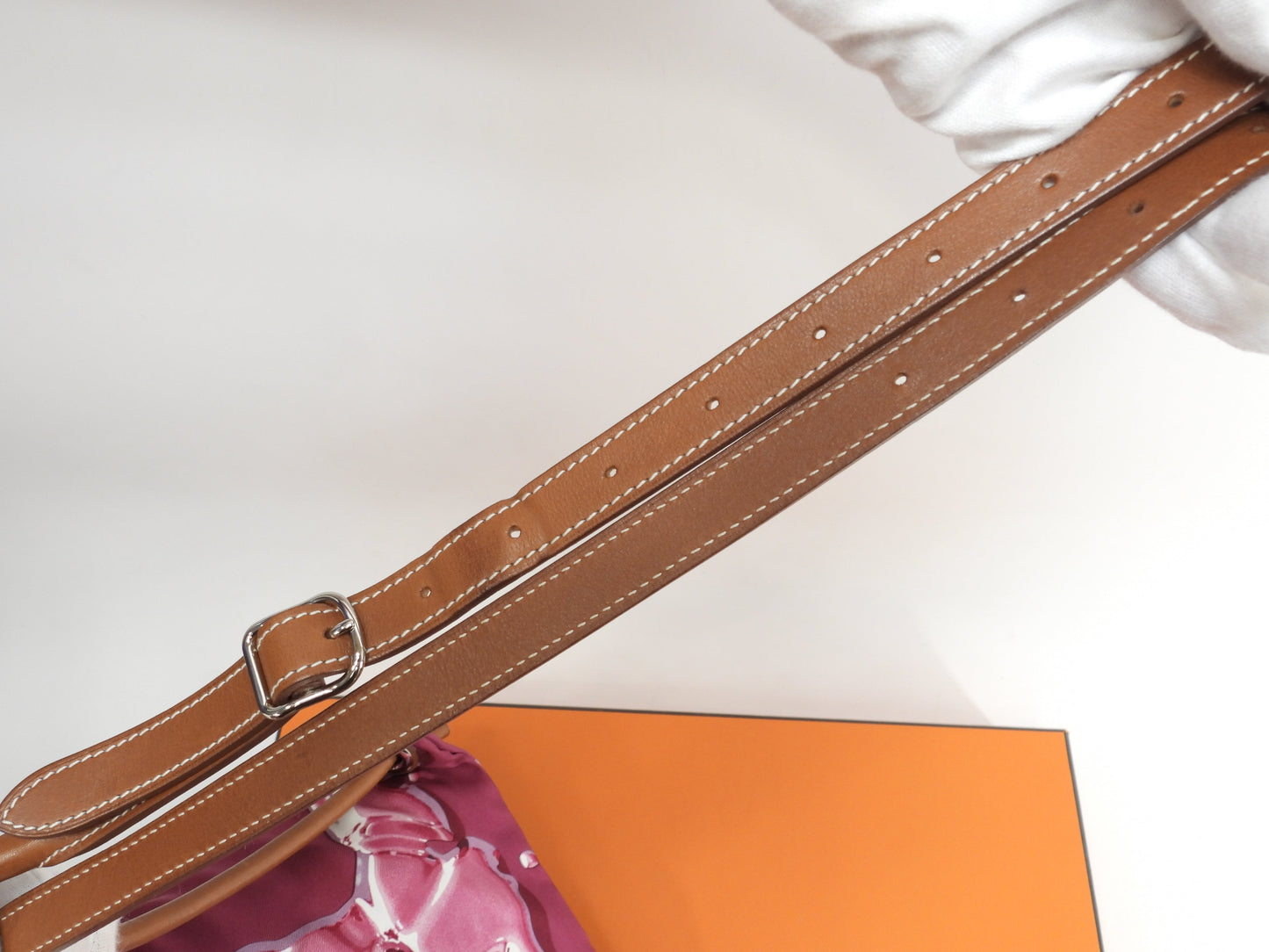エルメス シルキーシティPM シルク/ピンク レザー茶 ショルダーバッグ 美品@□O