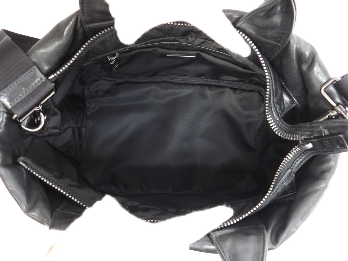 プラダ s付ハンドバッグ ナイロン/レザー 紺黒 ポシェット トートバッグ 美品@103