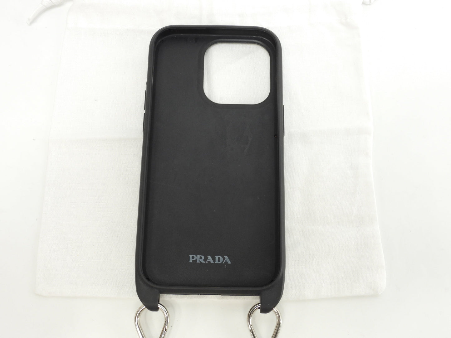 プラダ ストラップ付iphone14Proケース サフィアーノ黒黒 三角プレート アイフォンカバー@ 1