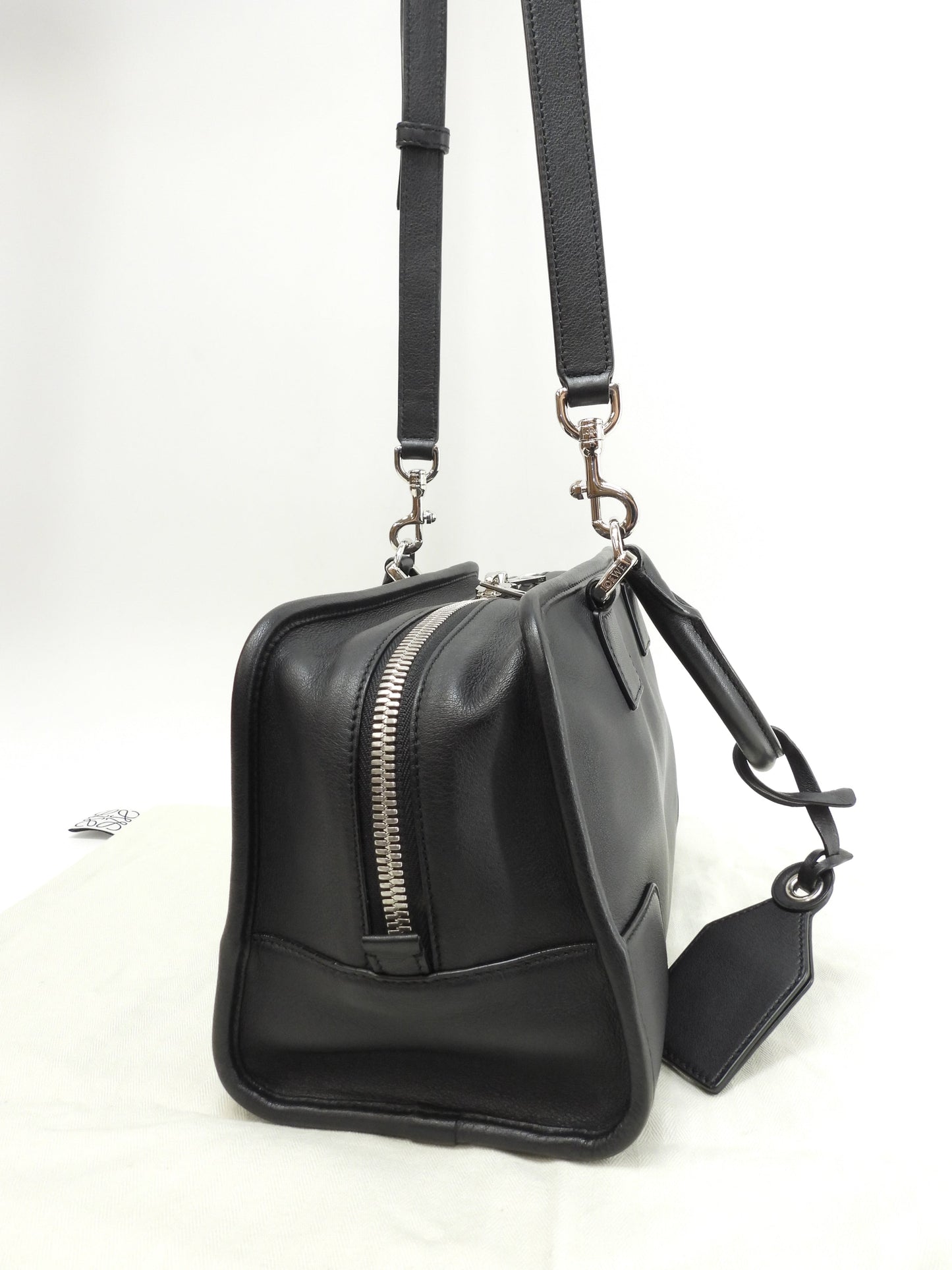 ロエベ アマソナ28 ストラップ付 スムースレザー黒 ハンドバッグ シルバー金具 極美品@471705