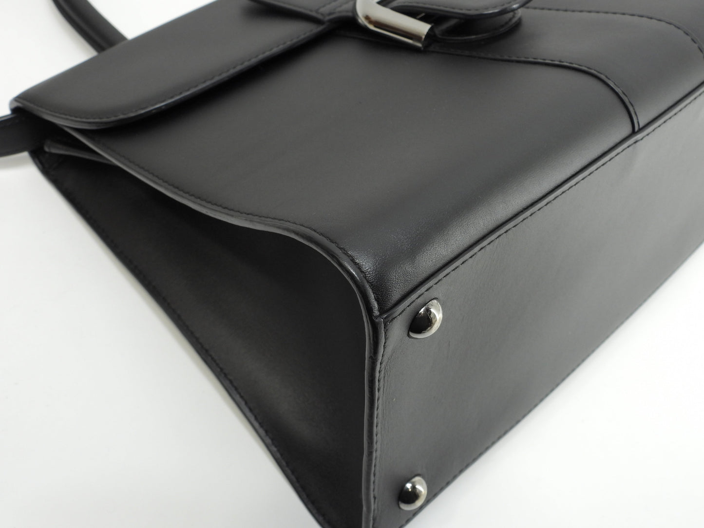 デルボー ブリヨンMM ボックスカーフレザー黒 シルバー金具 s付ハンドバッグ ケリー型 美品@ 1