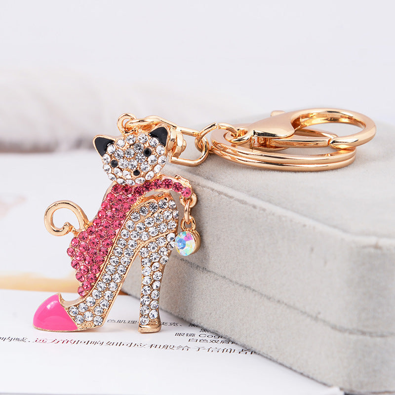 Luxury Rhinestone Key Ring, Cat on High Heel -Stainless Steel- Key Ring..