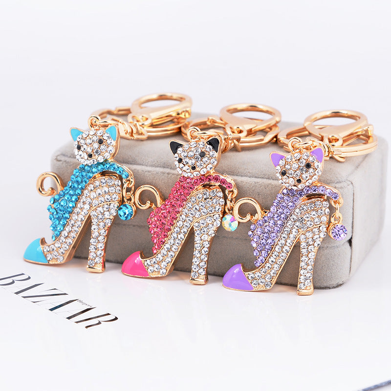 Luxury Rhinestone Key Ring, Cat on High Heel -Stainless Steel- Key Ring..