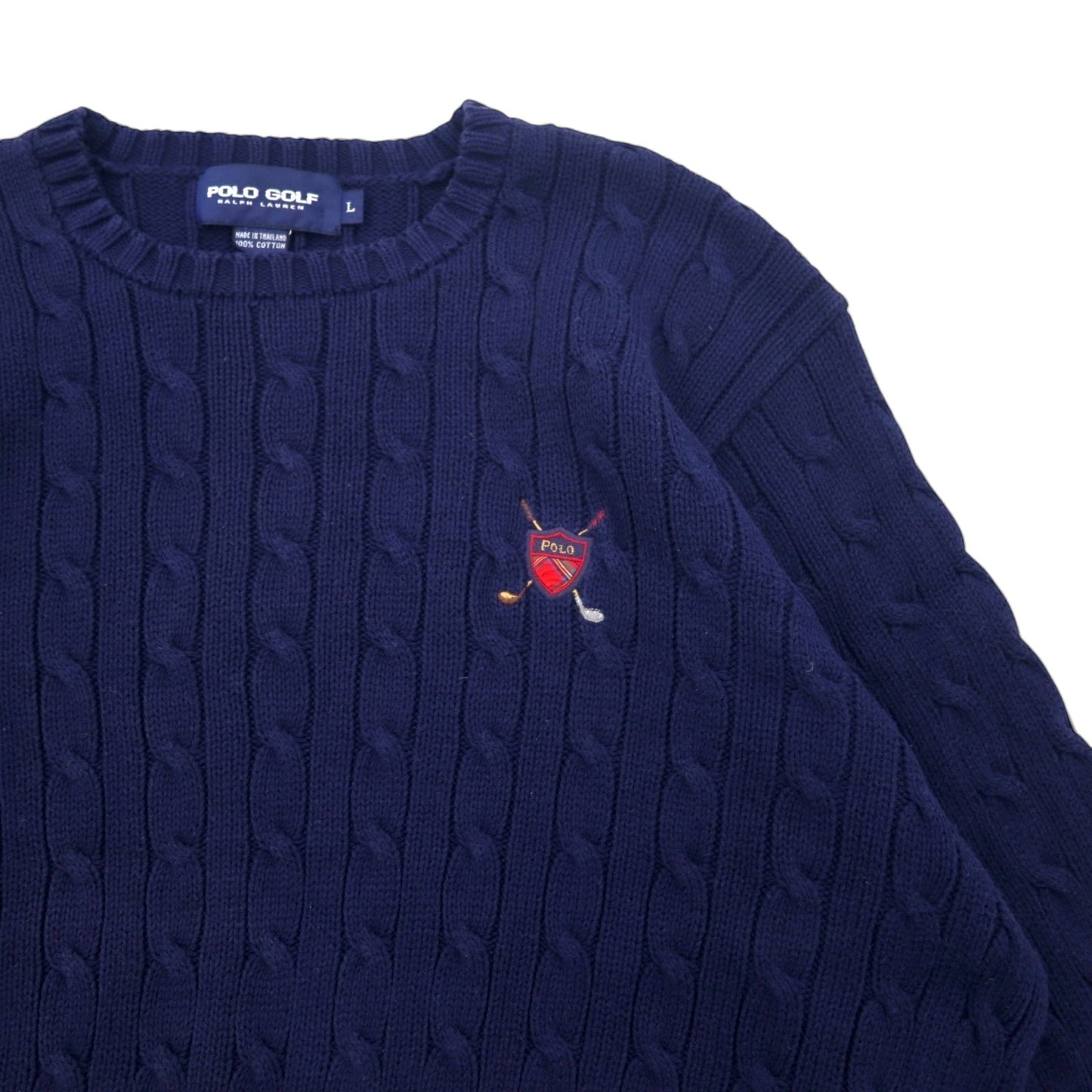 POLO GOLF RALPH LAUREN 90年代 クルーネック ケーブルニット セーター L ネイビー コットン ワンポイント 刺繍