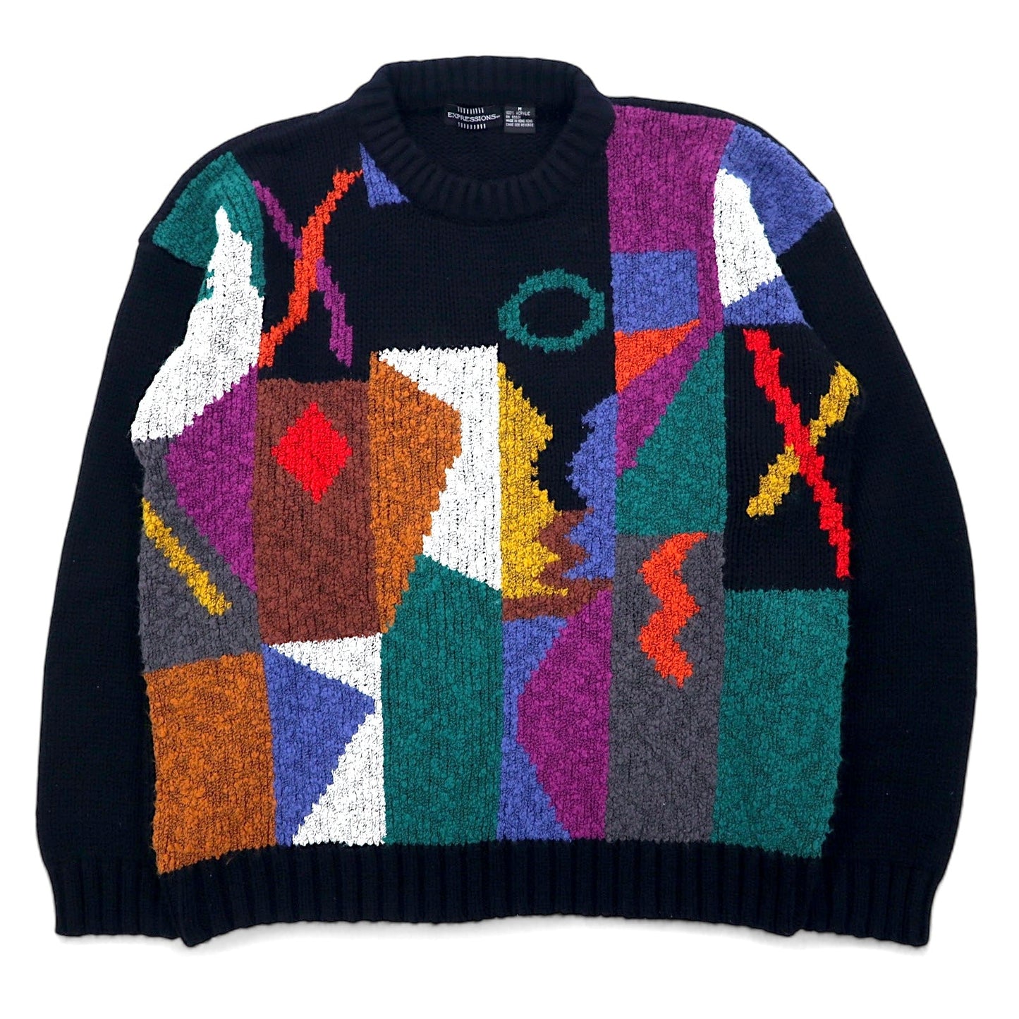 90s EXPRESSIONS All-Over Geometric Design Knit Sweater, Size M, Black, Multicolor, Cable Knit