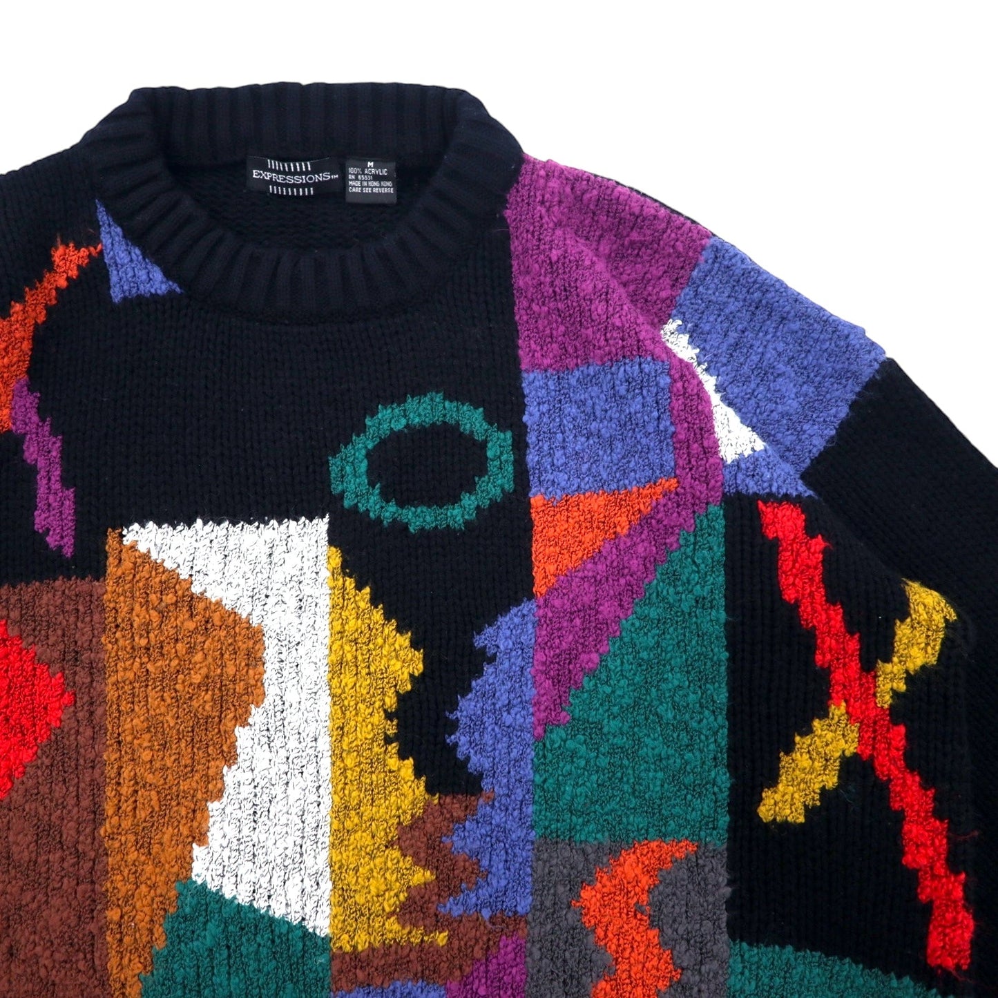 90s EXPRESSIONS All-Over Geometric Design Knit Sweater, Size M, Black, Multicolor, Cable Knit