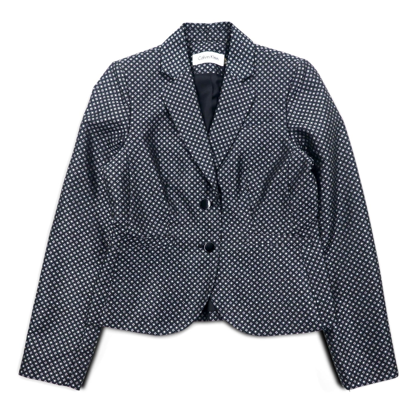 Calvin Klein 2B tailored jacket, size S, silver, monogram print, polyester
