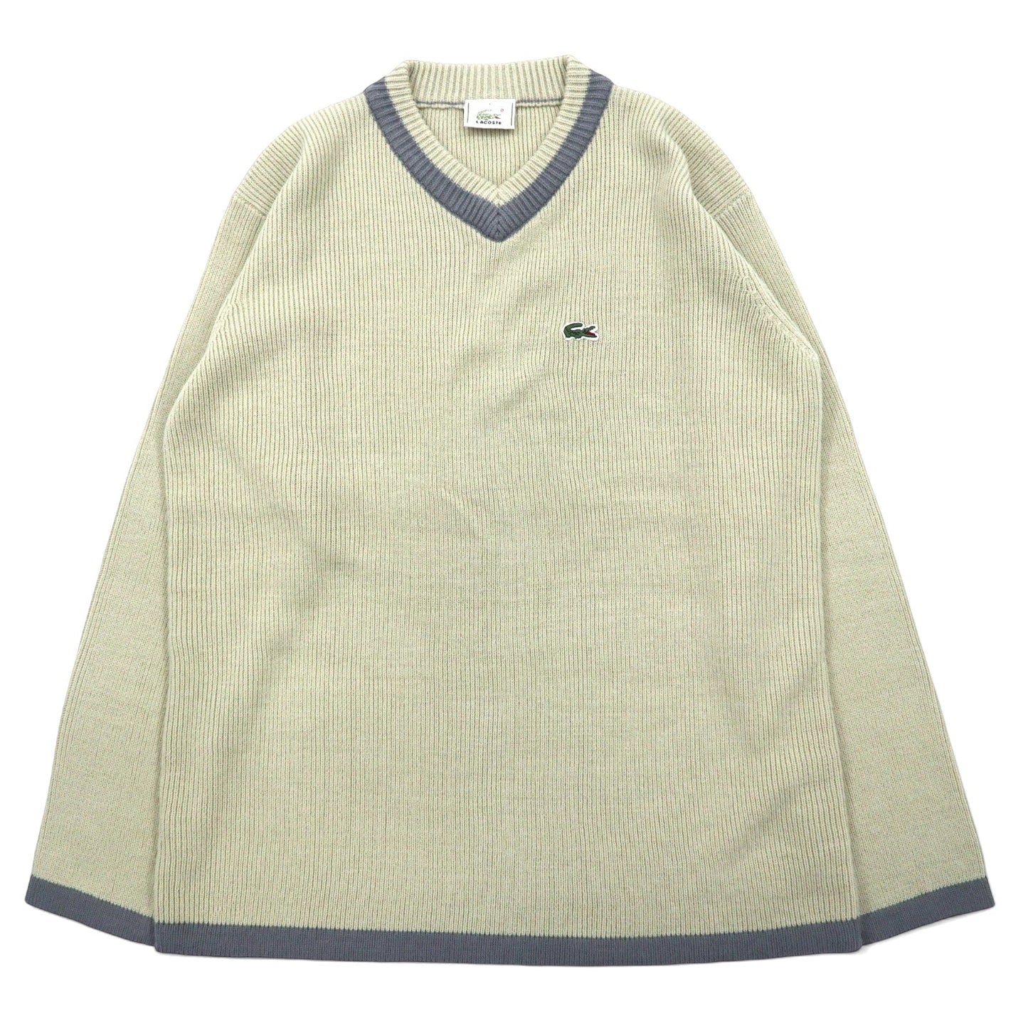 LACOSTE 90s Childen Knit V-Neck Sweater, Size L, Beige, Acrylic, One-Point Logo