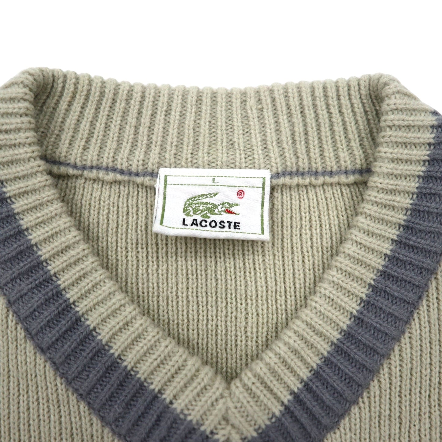 LACOSTE 90s Childen Knit V-Neck Sweater, Size L, Beige, Acrylic, One-Point Logo