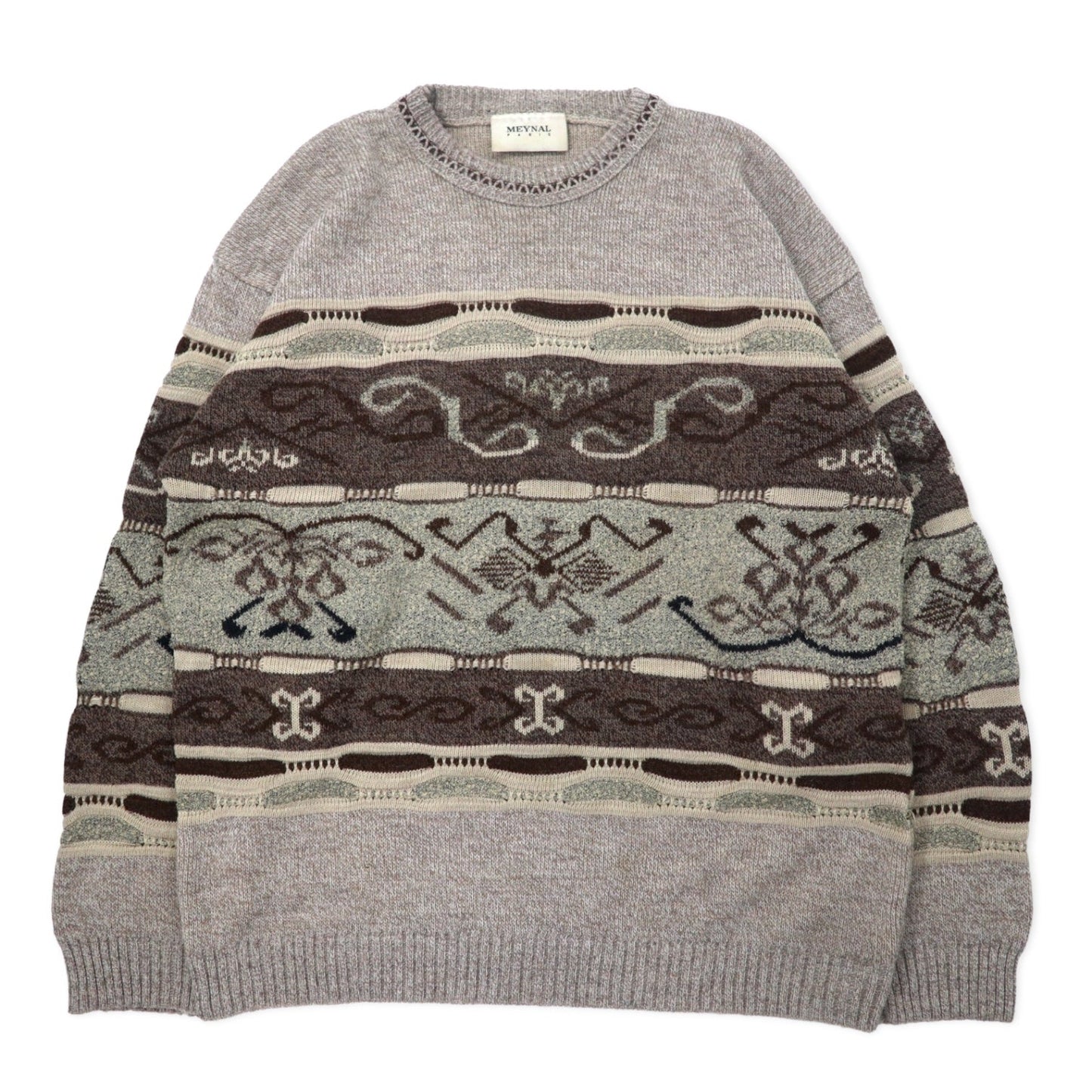 MEYNAL French-made 3D knit sweater, size XL, beige cotton, all-over print
