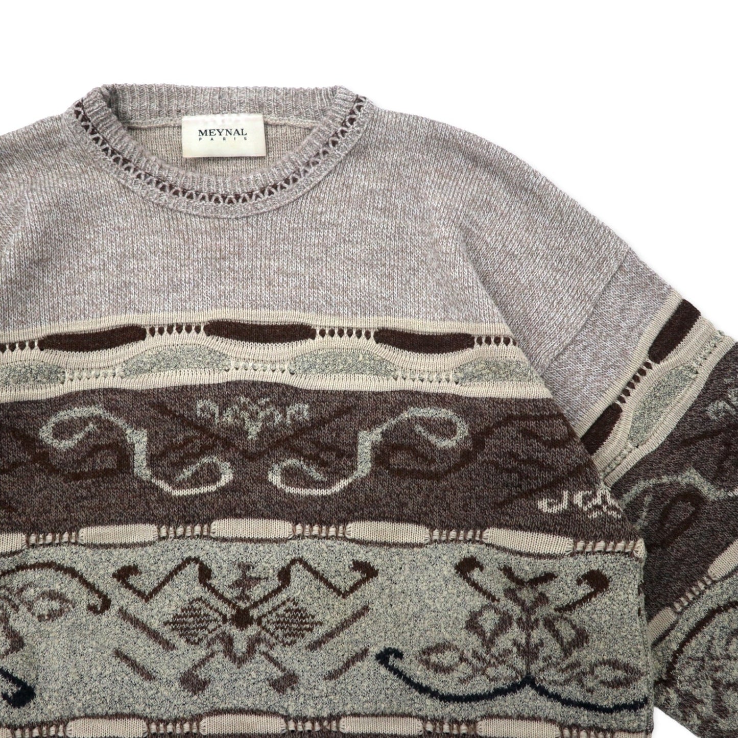 MEYNAL French-made 3D knit sweater, size XL, beige cotton, all-over print