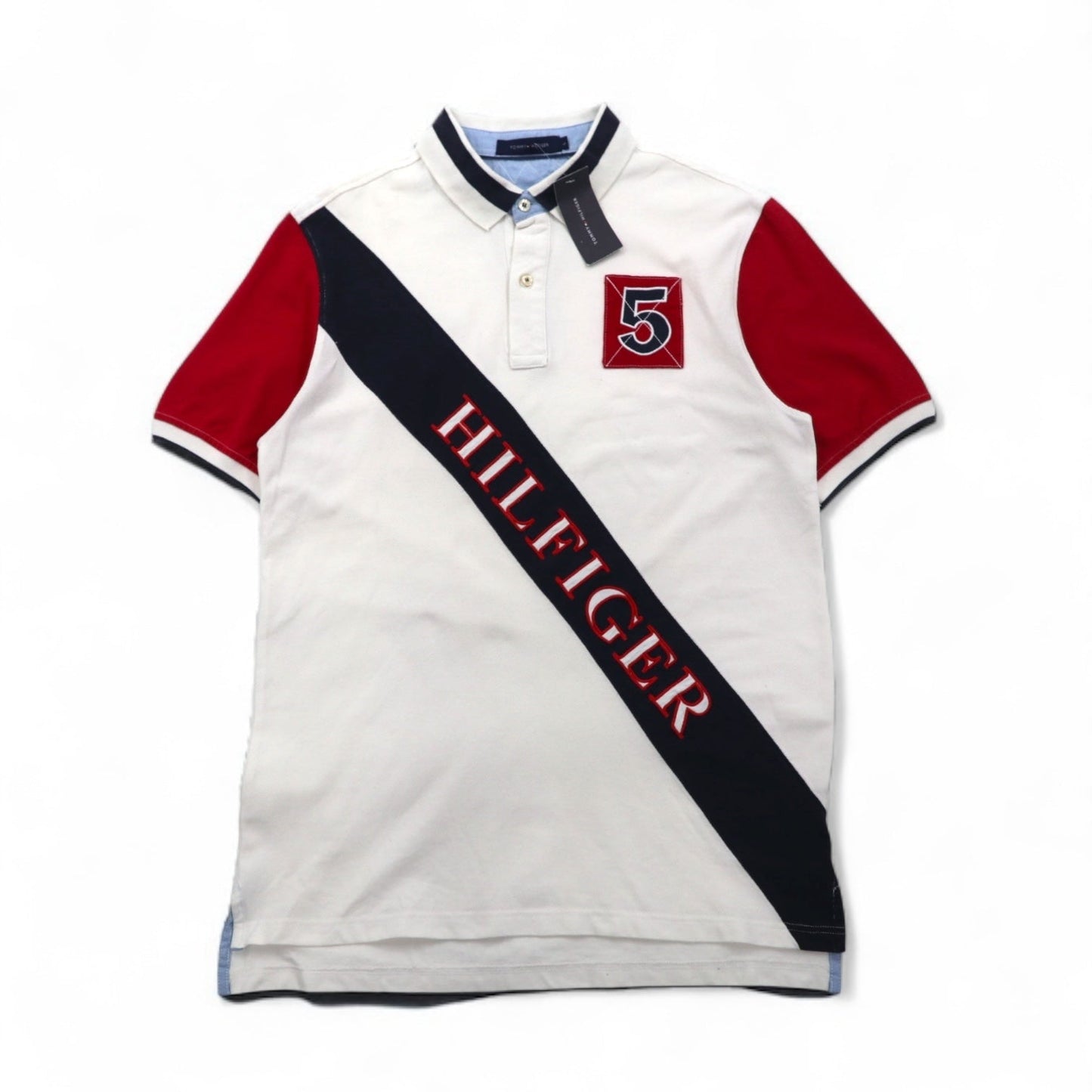 TOMMY HILFIGER Polo Shirt, Size L, White Cotton, Pique, Numbering, Logo Embroidery, Unused