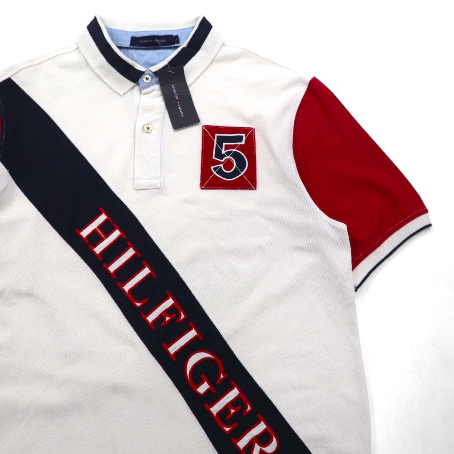 TOMMY HILFIGER Polo Shirt, Size L, White Cotton, Pique, Numbering, Logo Embroidery, Unused