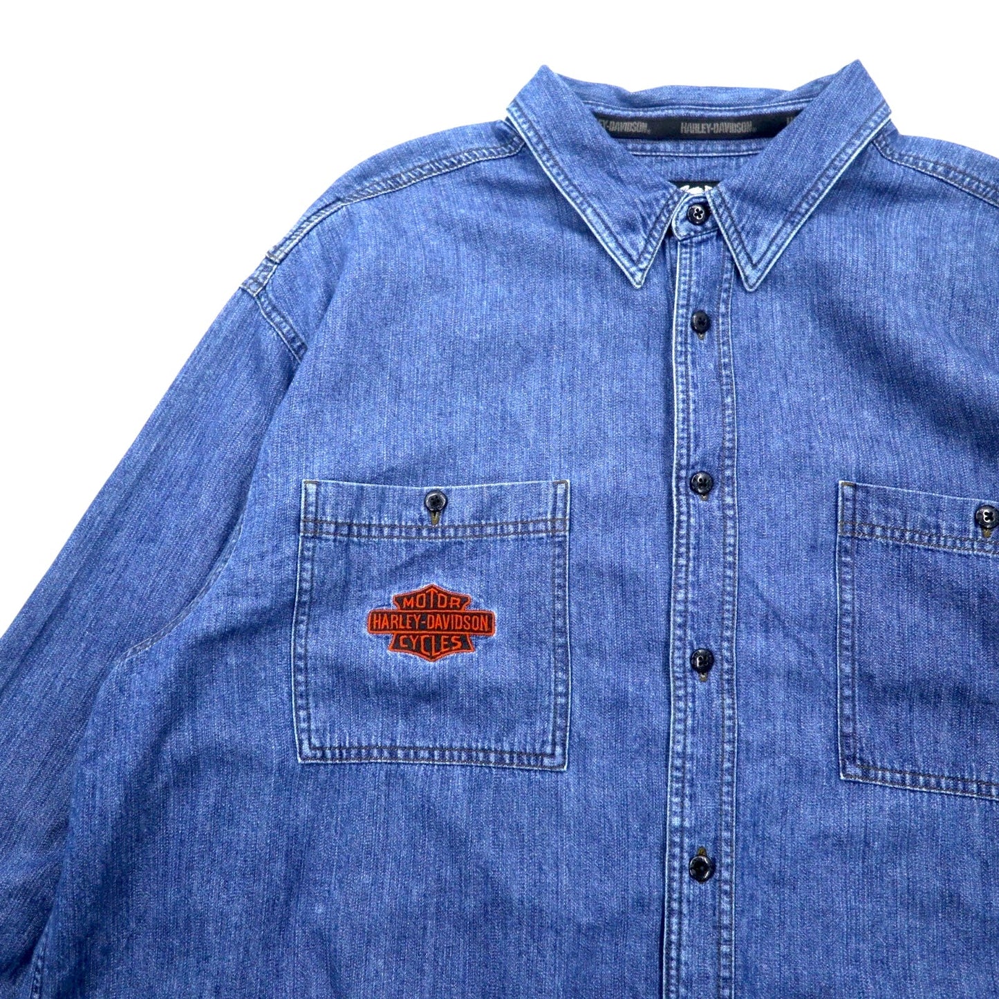 HARLEY DAVIDSON デニムシャツ XXXL ブルー コットン ロゴ刺繍 バックロゴ