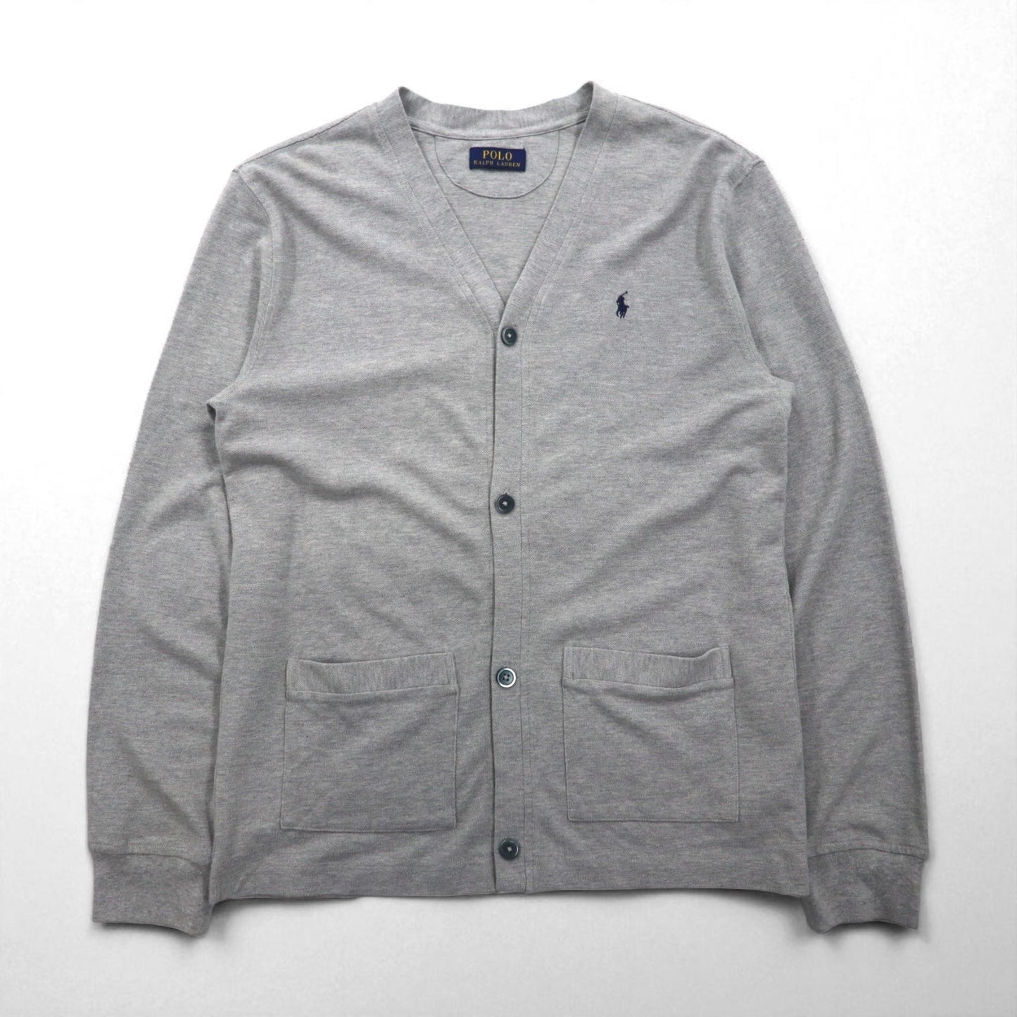 Polo Ralph Lauren 鹿の子 ニット カーディガン M グレー Vネック スモールポニー刺繡 ハンドウォーマー ポケット