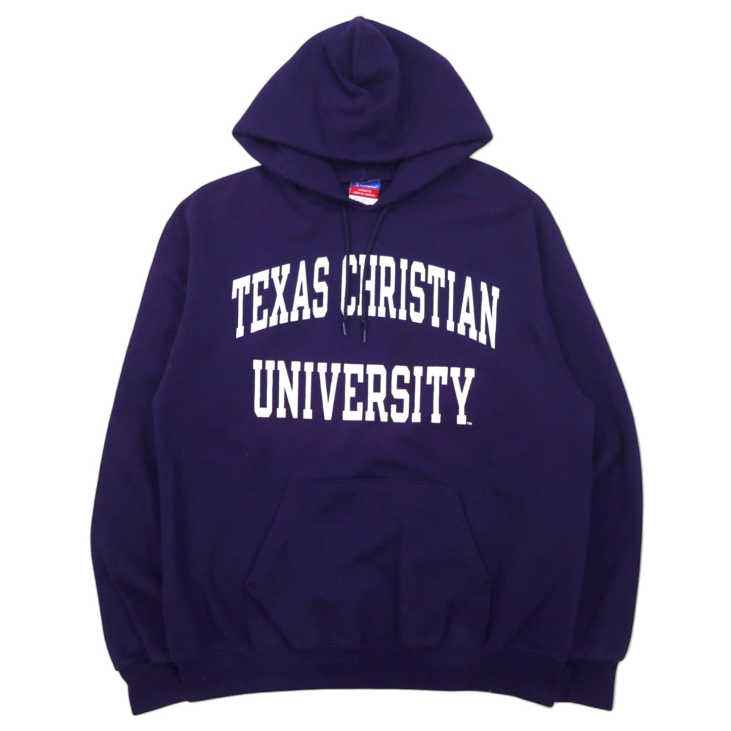 Champion 2000s College Print Pullover Hoodie, Size L, Navy, Cotton, Fleece-Lined, TEXAS CHRISTIAN UNIVERSITY Arch Logo, Double Print, Made in Honduras