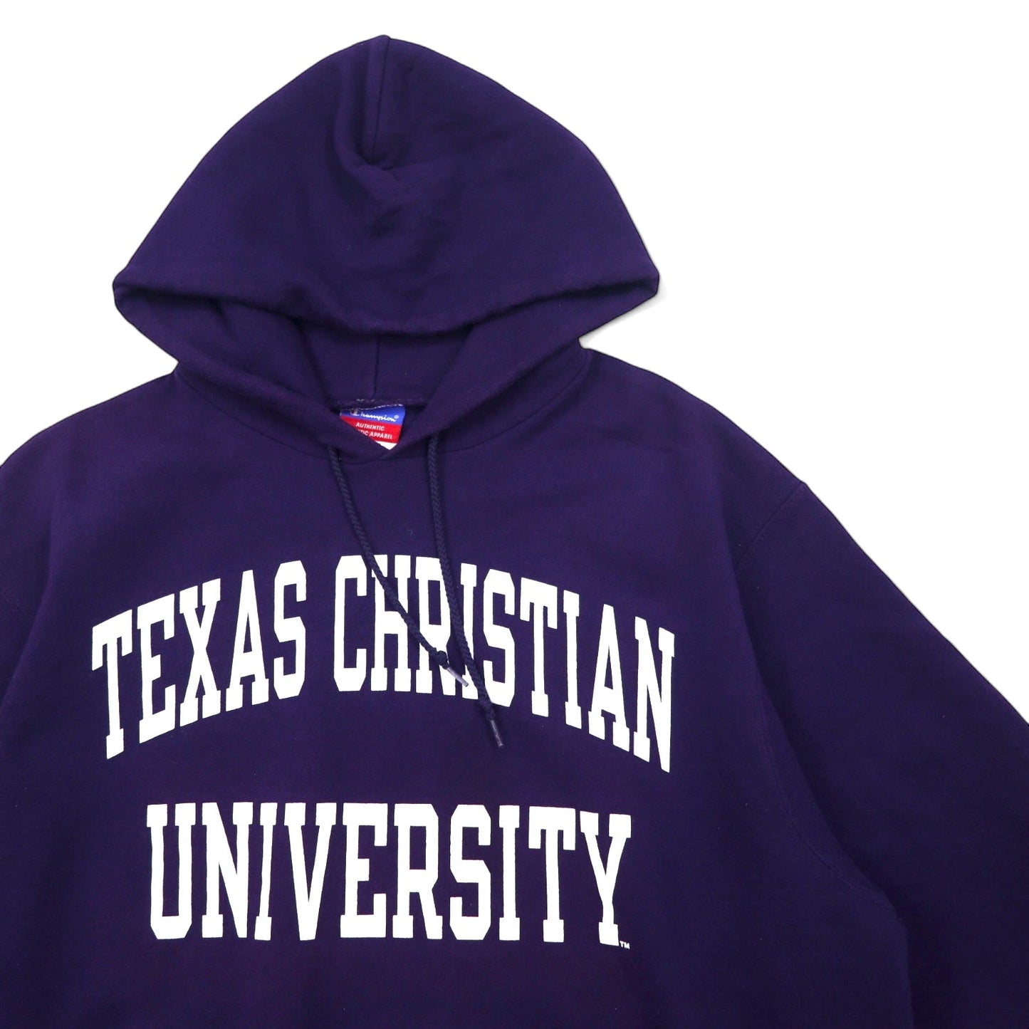 Champion 2000s College Print Pullover Hoodie, Size L, Navy, Cotton, Fleece-Lined, TEXAS CHRISTIAN UNIVERSITY Arch Logo, Double Print, Made in Honduras