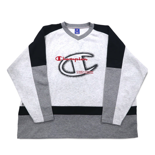 Champion 90年代 Vネック ラグラン スウェット 4XL グレー スクリプトロゴ ビッグサイズ