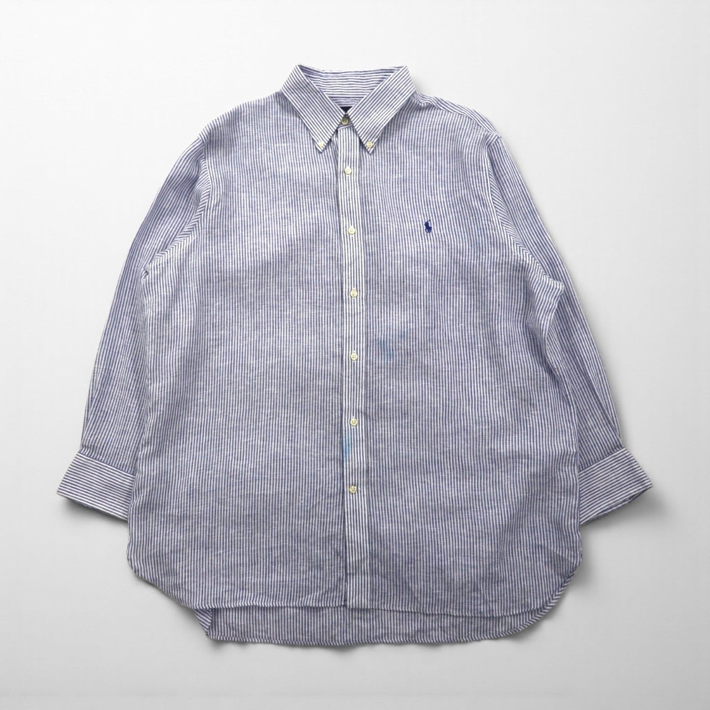 Polo Ralph Lauren ボタンダウン リネン シャツ XL ブルー 麻 ストライプ CLASSIC FIT EASY CARE ビッグサイズ