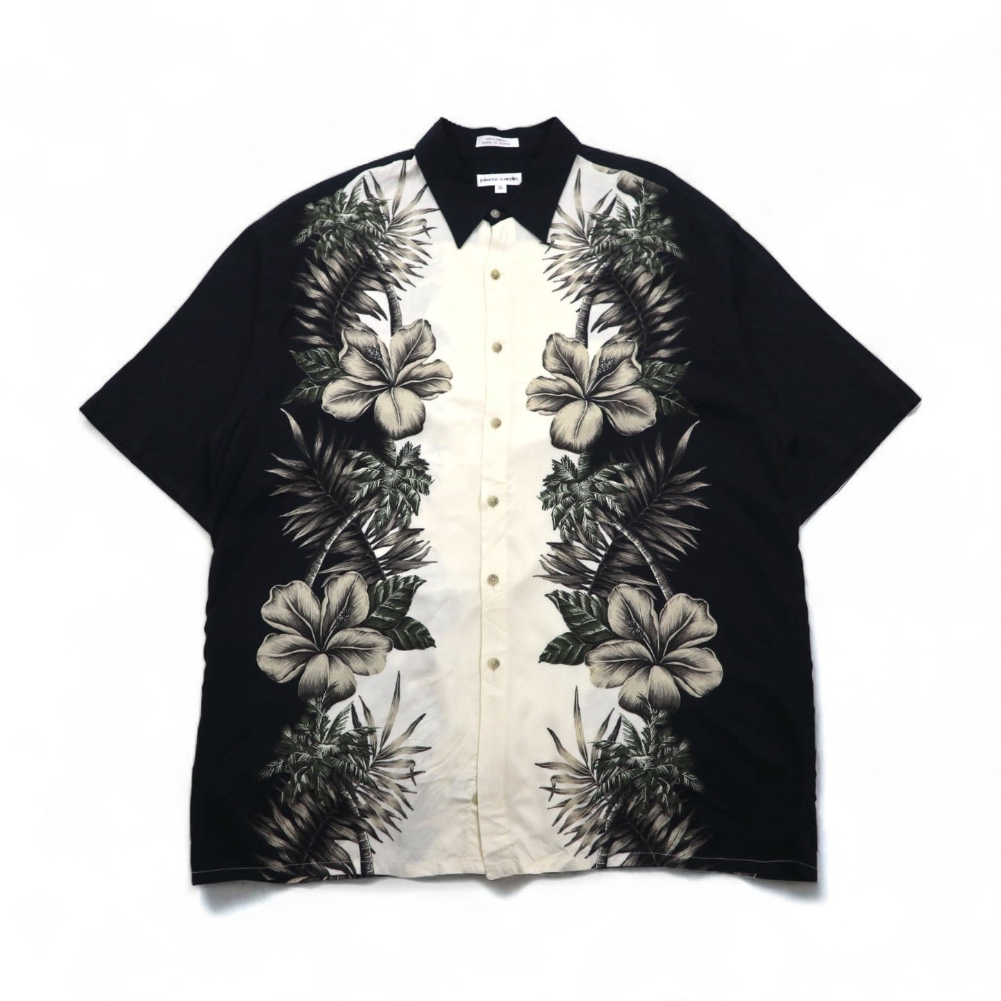 pierre cardin アロハシャツ XL ブラック ホワイト レーヨン ハイビスカス ボタニカル