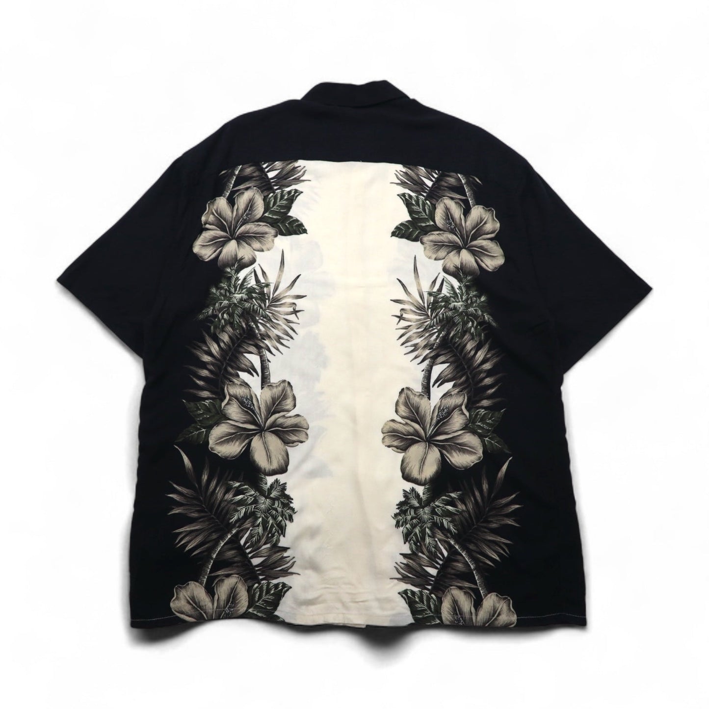 pierre cardin アロハシャツ XL ブラック ホワイト レーヨン ハイビスカス ボタニカル