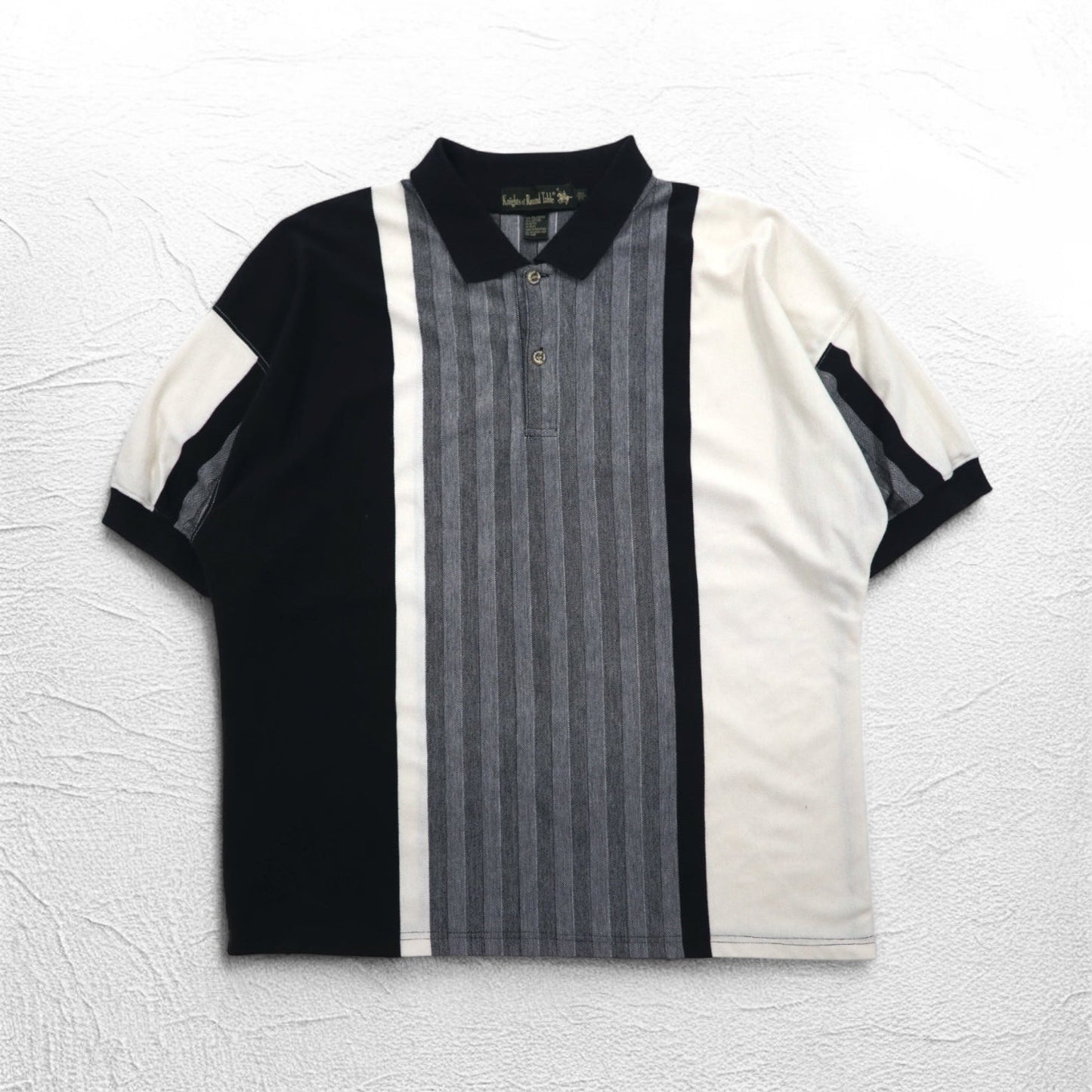 90s Knight of Round Table Crazy Pattern Polo Shirt, Monochrome, Cotton, Size 4XL