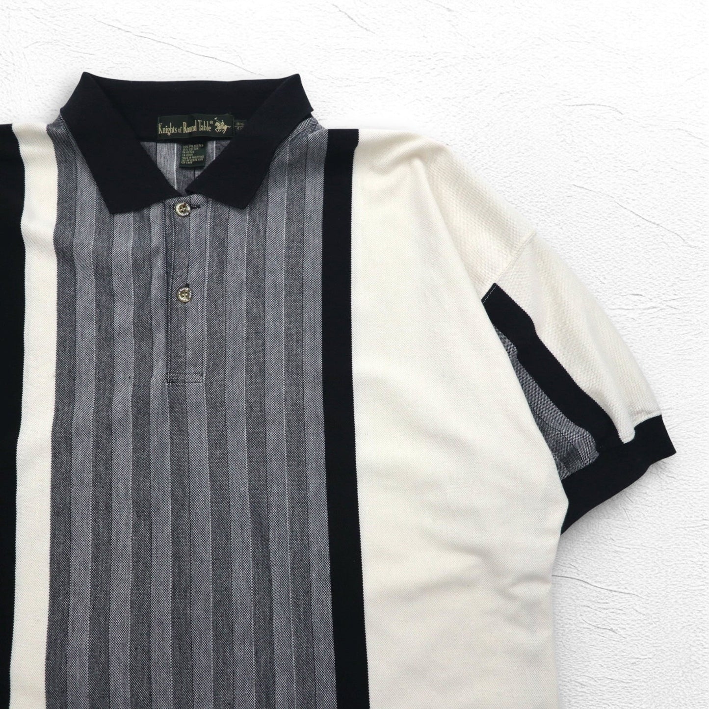 90s Knight of Round Table Crazy Pattern Polo Shirt, Monochrome, Cotton, Size 4XL